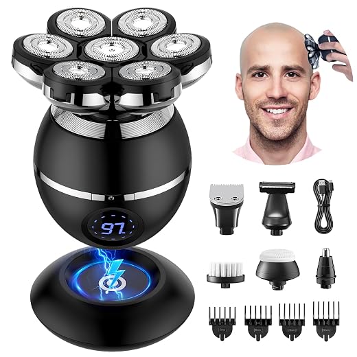ETENTOUS Rasoir Tete Chauve Homme, 7D Rasoir Électrique Homme- 6 en 1 Tondeuse Crane Chauve- Humide/Sec Étanche IPX7 Pour Hommes Chauves Avec Écran LED.