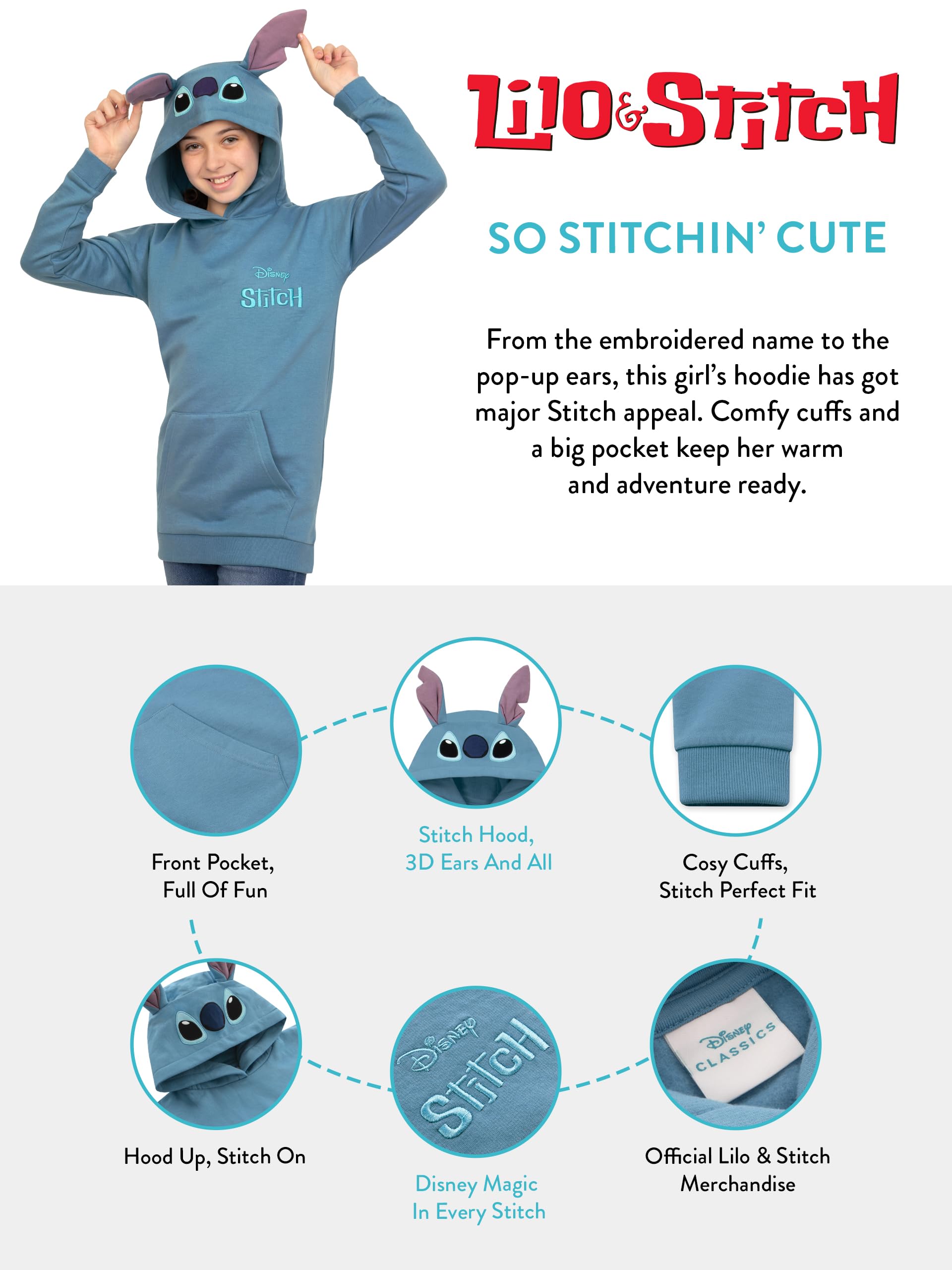 Disney Lilo EET Stitch Hoodie, Sweat A Capuche Long pour Enfants, Pull Stitch avec Oreilles 3D, Vêtements en Coton pour Filles