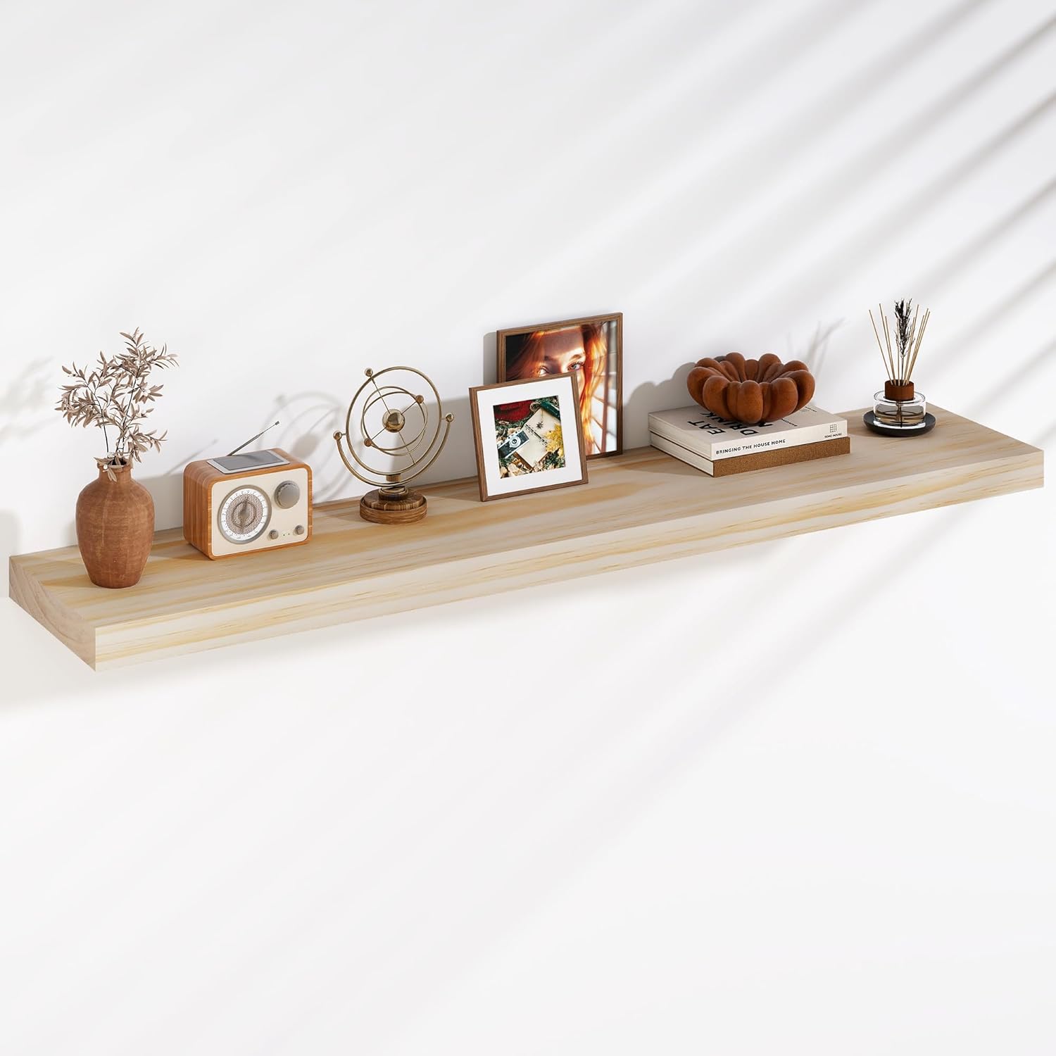 Fun Memories Floating Shelves, 9.3 Inch Deep Solid Pine Wood Wall Shelves for Storage, Wall Mounted Display Shelf with Invisible Heavy-Duty Metal Bracket, 55 Inch Width, Unfinished - DIY Stain