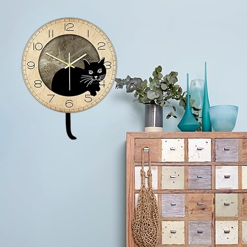 Miniatura 8 de Reloj de pared con péndulo de gato negro, divertido reloj oscilante de gato con cola móvil, silencioso, sin tictac, funciona con pilas, reloj de