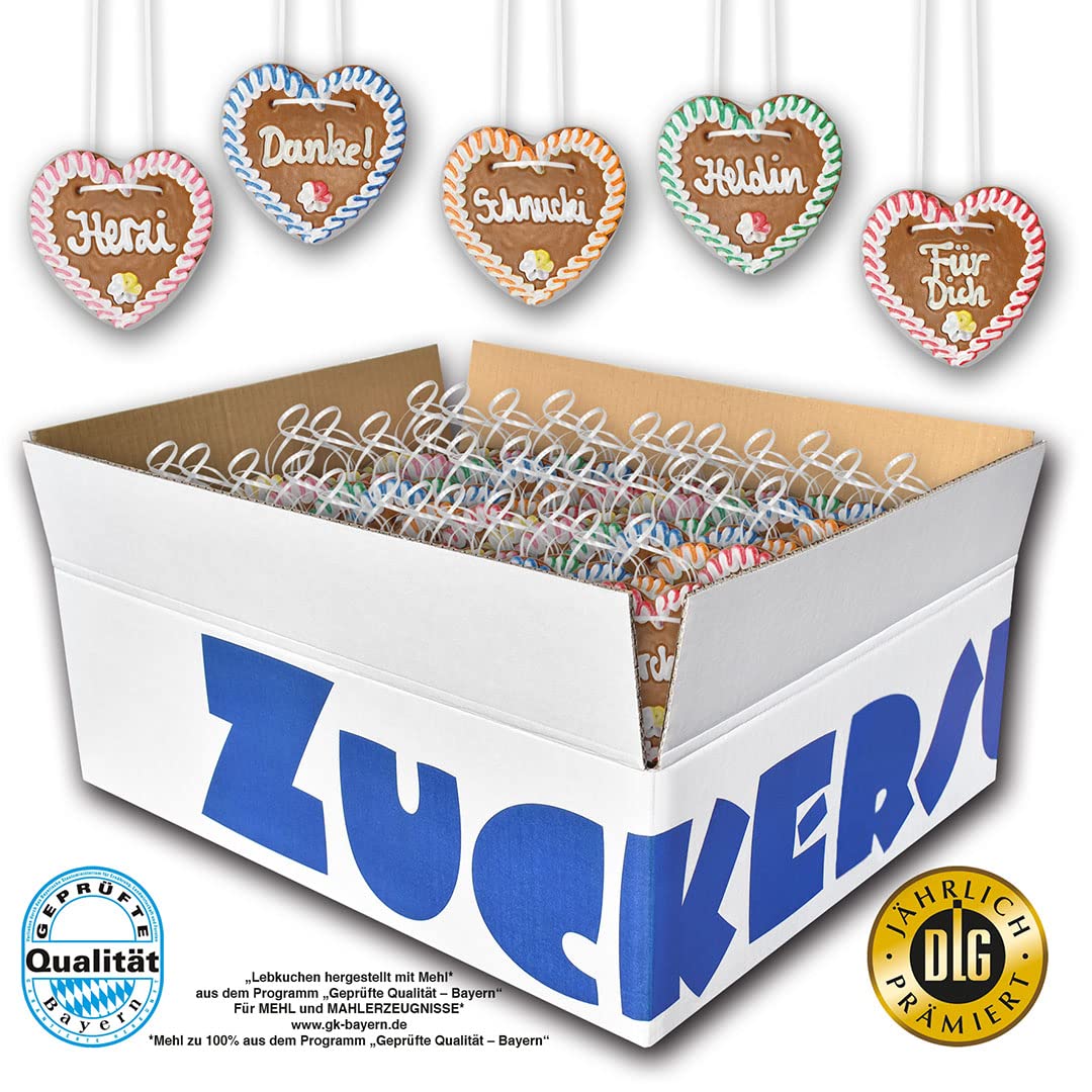 50 Stück Lebkuchenherzen " Bunt " beschriftet 10cm groß / 40g schwer. Original frische Oktoberfestlebkuchenherzen aus München. Lebkuchen Herzen günstig kaufen | Konditorei Zuckersucht (50 Stück)