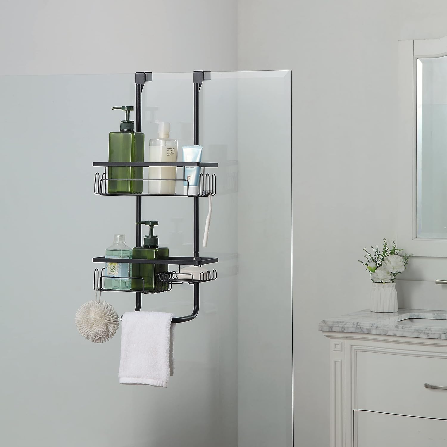 SunnyPoint Classic Metal Bathroom Shower Caddy, Over Door Hanging Storage Organizer Basket