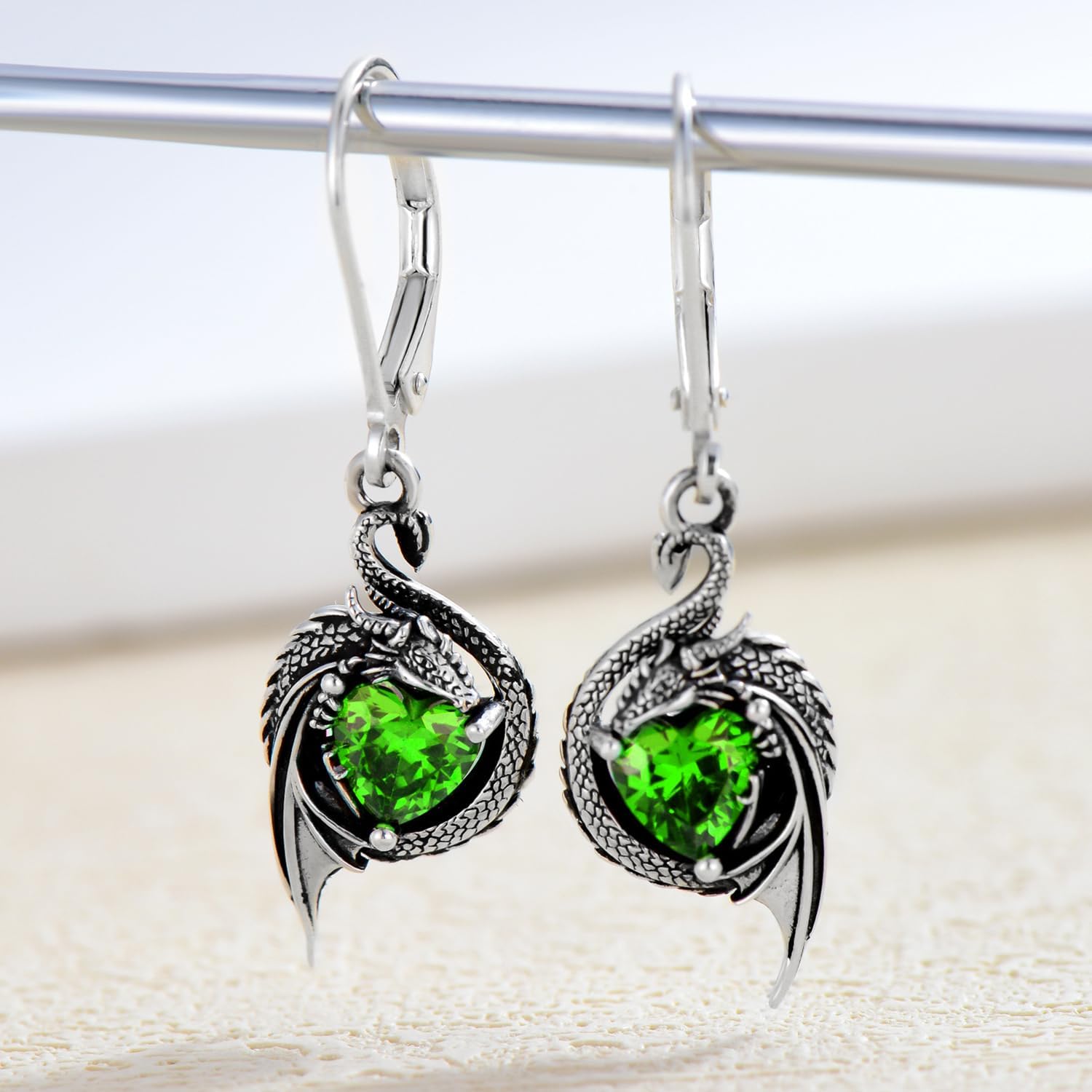 Dragon Earrings for Women 925 Sterling Silver Dragon with Heart Cut Birthstone Drop Earrings - Image 2