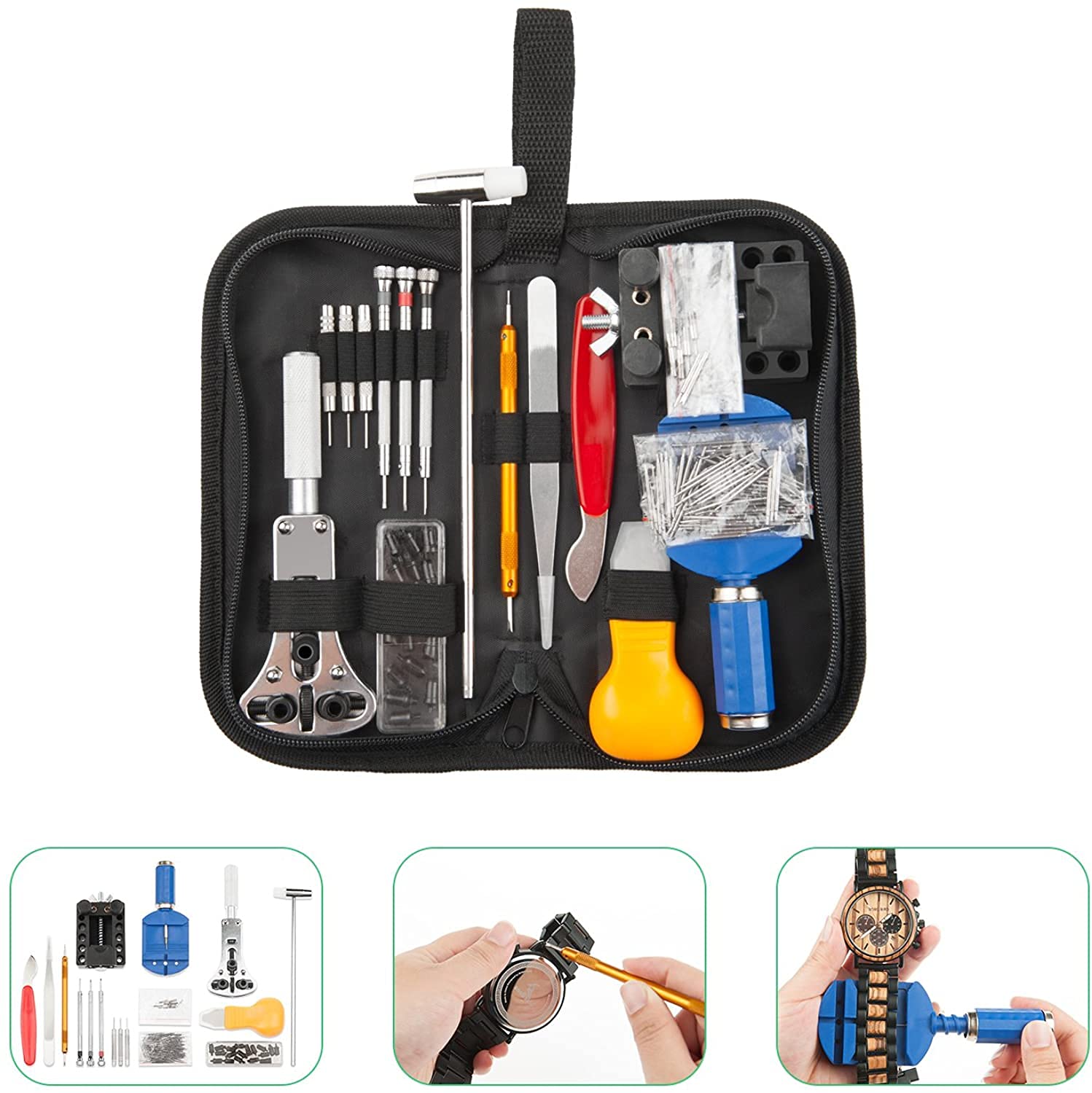 Kit de herramientas de reparación de relojes, 147 piezas de barra de resorte profesional y pasador de enlace con funda de transporte para mantenimiento de relojes y ajuste de correa