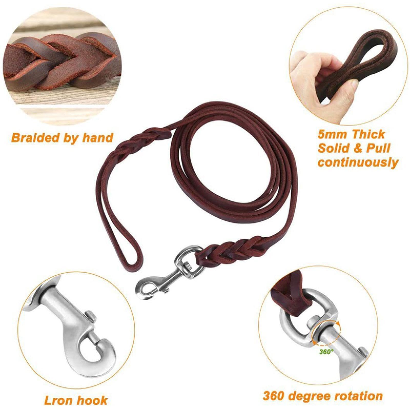 Laisse de sécurité en cuir véritable pour chien, solide, anti-nœuds, pour la marche, la course, la formation, 1,7 m