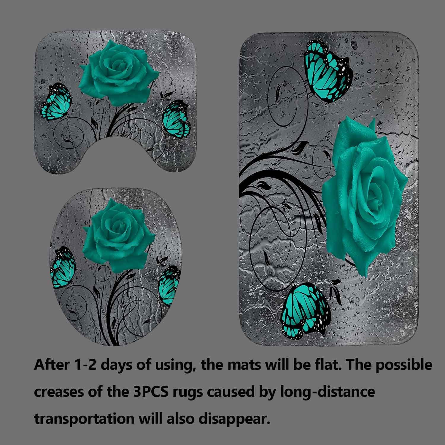 OLEBETY 4PCS Teal Rose Flower Shower Curtain Set, Waterproof Fabric Grey Shower Curtain, Non-Slip Bath Mat Bathroom Rugs, Turquoise Floral Black Plant Modern Bathroom Decor, Butterfly Gifts for Women