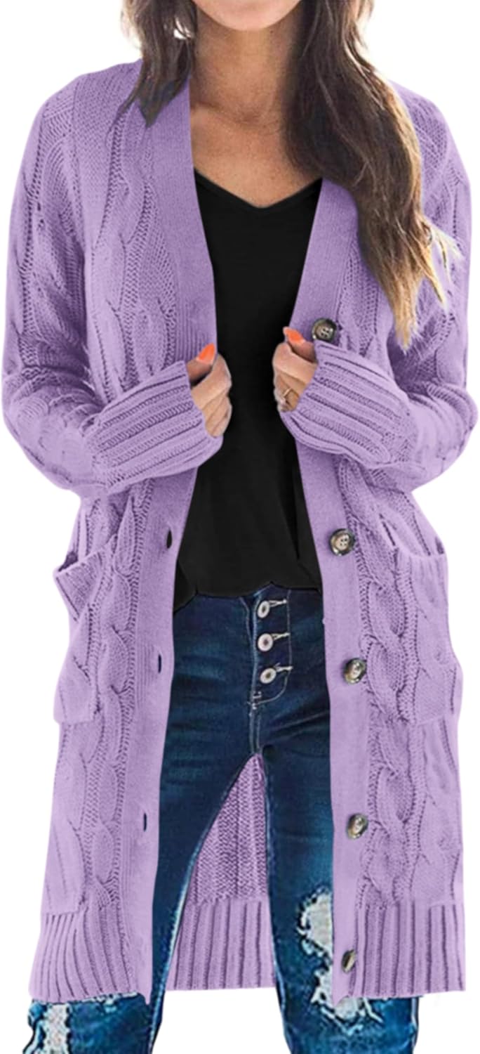 PRETTYGARDEN Long Sleeve Cable Knit Long Cardigan for Women 2026 Spring Winter Chunky Open Front Button Sweaters with Pockets