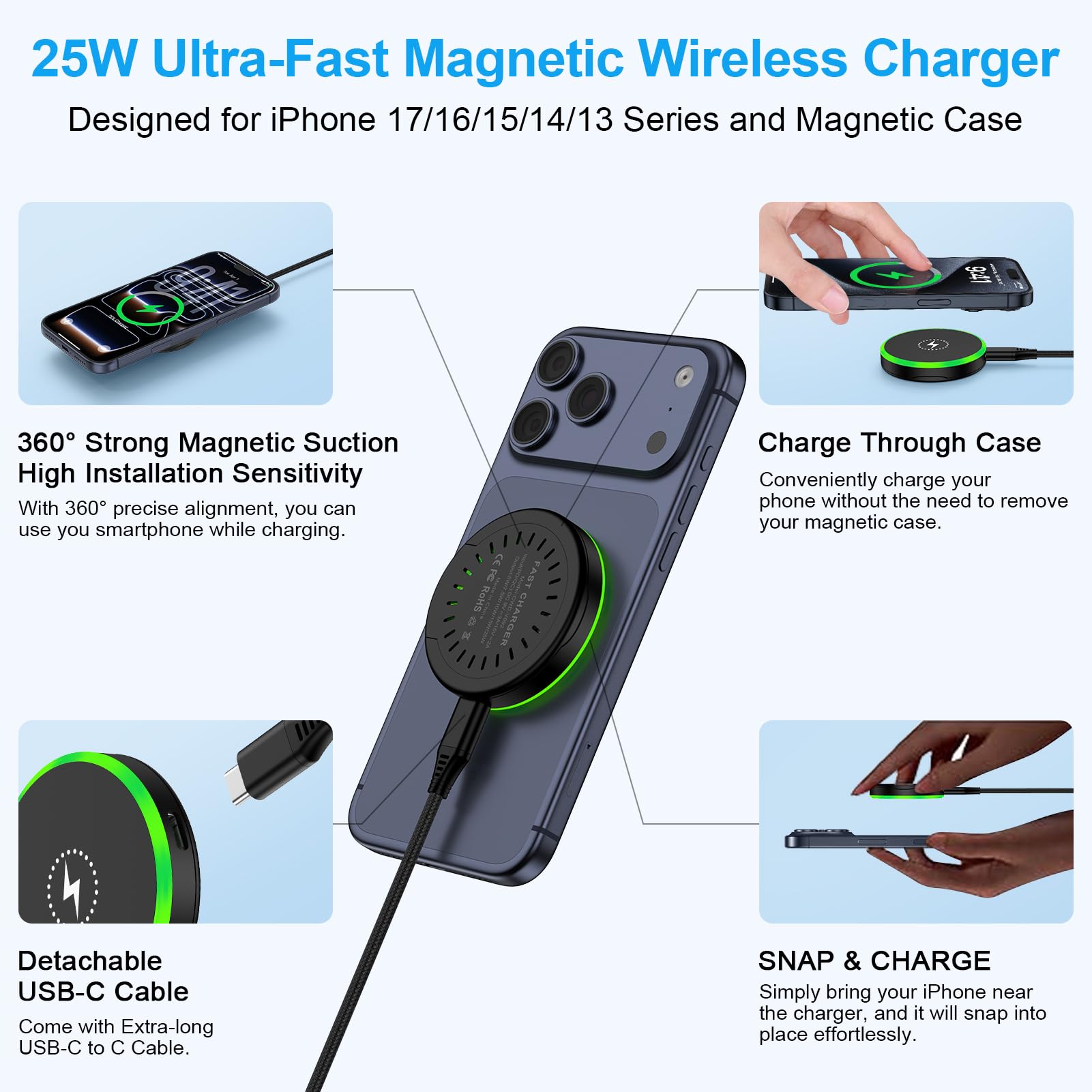 Cargador magnético inalámbrico para teléfono Android de 25 W para Samsung Galaxy S26 Ultra S26+ S25 Ultra S25 FE S25 Edge Z Fold/Flip 7 S24Plus, Google Pixel 10 Pro XL, cargador Magsafe rápido