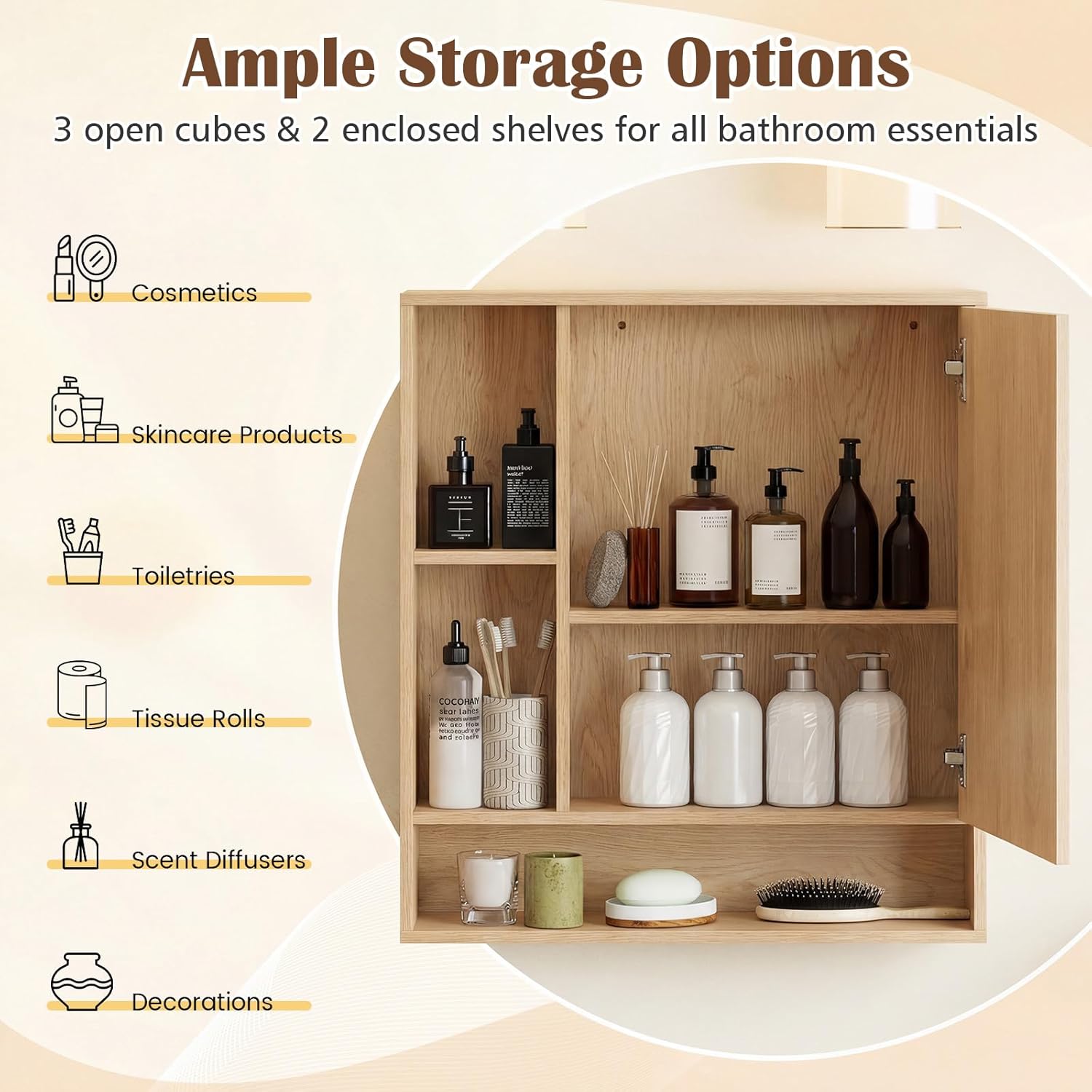 Tangkula Bathroom Cabinet with Mirror, Wall Cabinet with Mirrored Door, 3 Open Cubes, Adjustable Shelf, Wooden Grain Finish, Space-Saving Modern Storage Organizer for Living Room, Entryway (Natural)