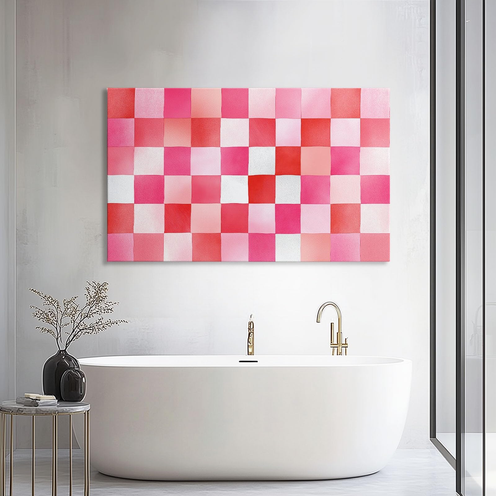 Aquarell Minimalistisch Geometrisch Karo Gerahmt Leinwand Bilder, Rosa Wandbilder Kunstdruck Wandbild Keilrahmenbild Wanddekoration für Wohnzimmer Schlafzimmer Mit Rahmen 120 x 80 cm