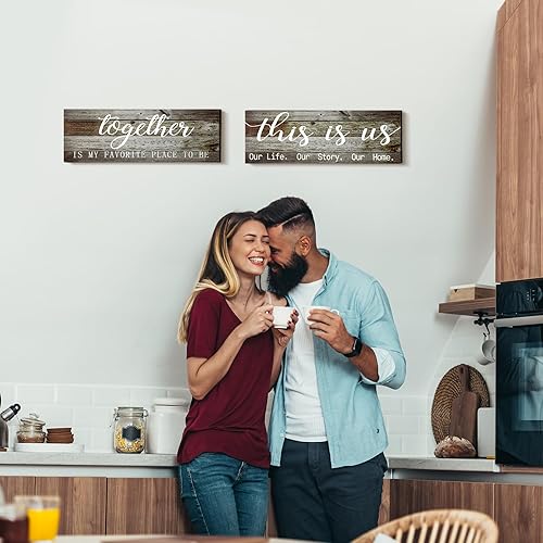 Miniatura 6 de 2 carteles de pared con texto en inglés This is Us Our Life Our Story, Together Is My Favorite Place To Be, placa de entrada de madera rústica para