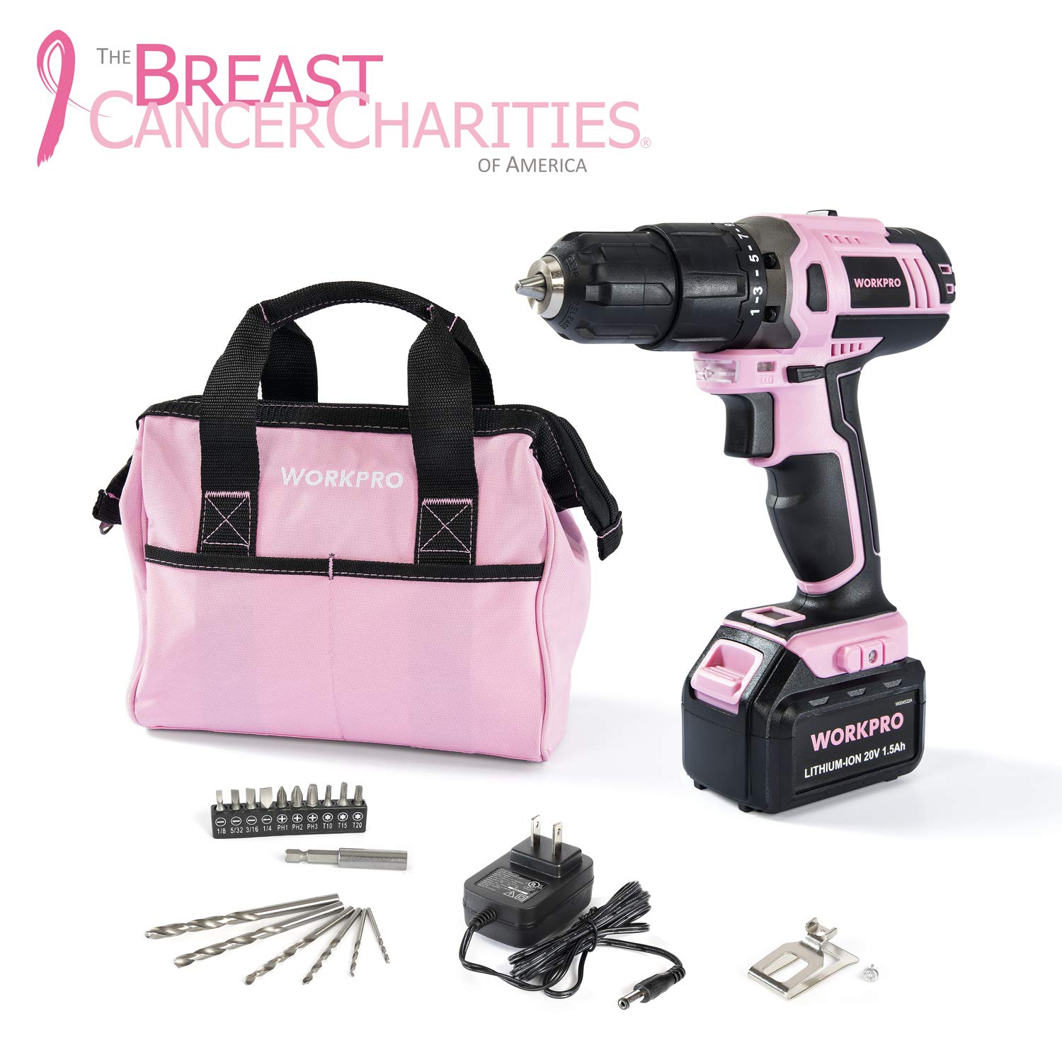 WORKPRO Pink Cordless 20V Lithium-ion Drill Driver Set (1.5Ah), 1 Battery, Charger and Storage Bag Included