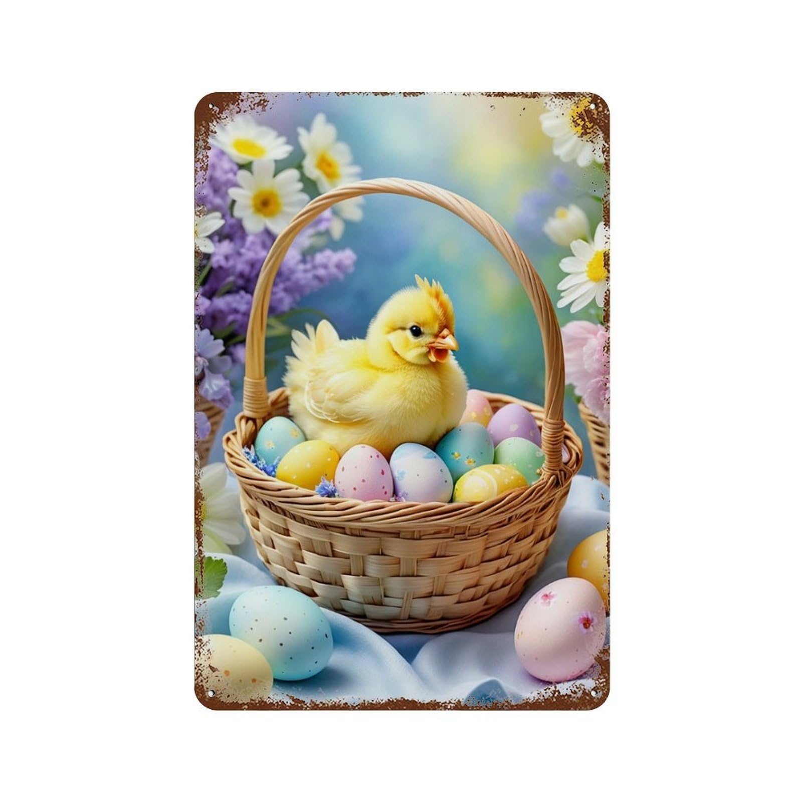 Easter Basket with Chick Aged Metal Wall Plaque 11.8"x7.9", Classic Wall Plaque for Garage, Pub Or Kitchen