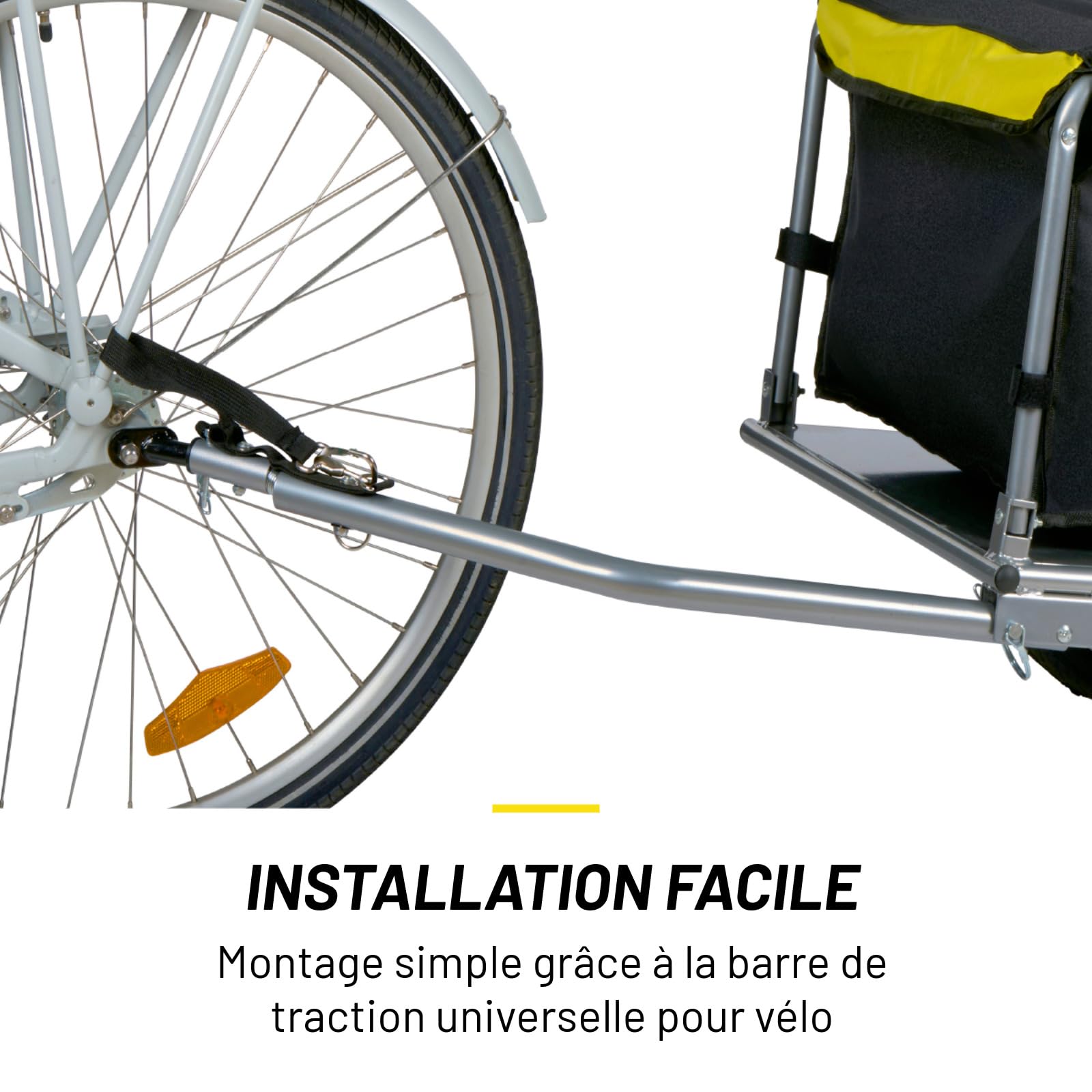 Dunlop Remorque Vélo Pliable – Charette Vélo Cargo pour Bagages – Remorque pour Vélo avec Réflecteurs et Housse de Pluie Réglable – Chariot Vélo – Remorque Vélo Pliable – Jaune