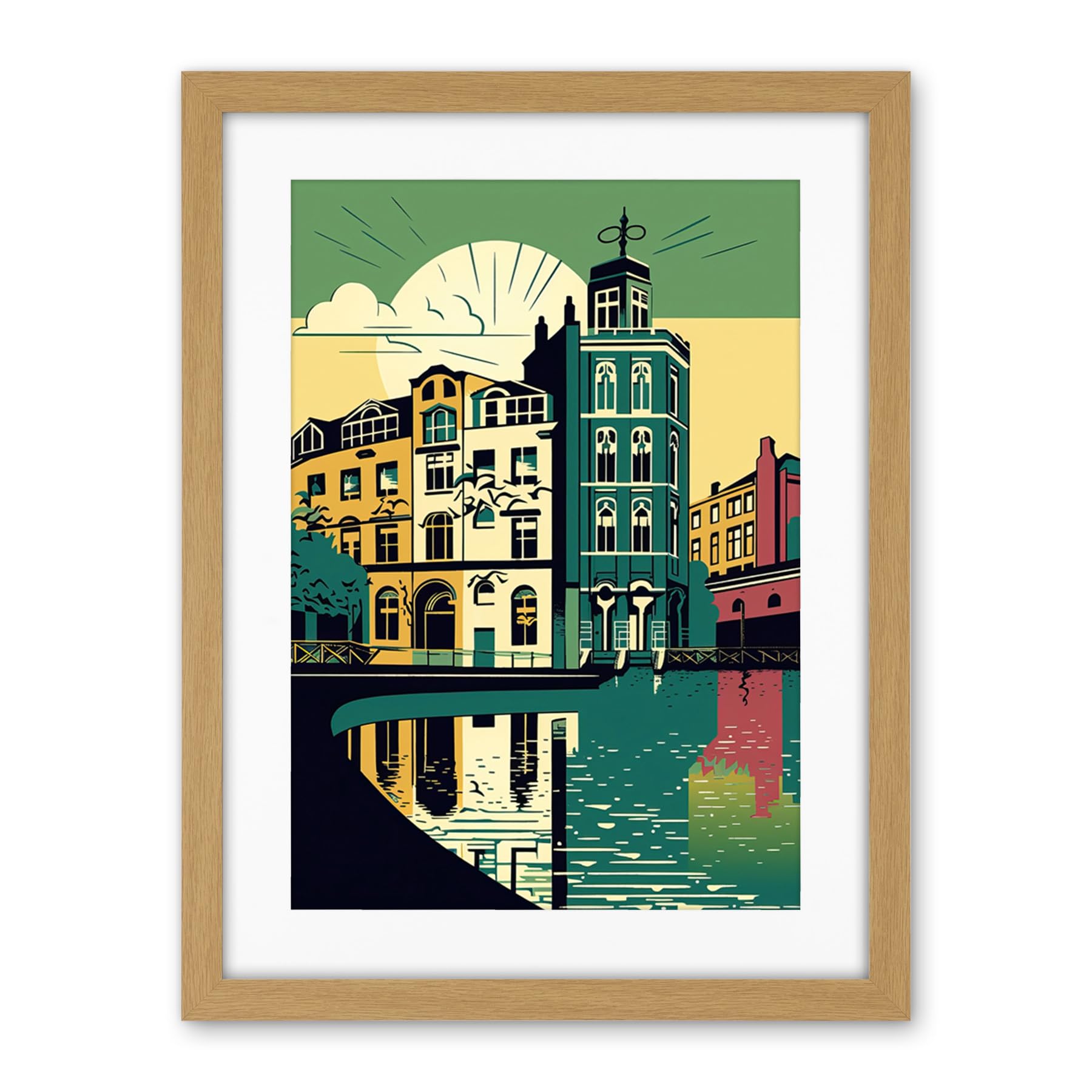 Artery8 Leeds City Architecture Waterfront Illustration Artwork Framed Wall Art Print 18X24 Inch