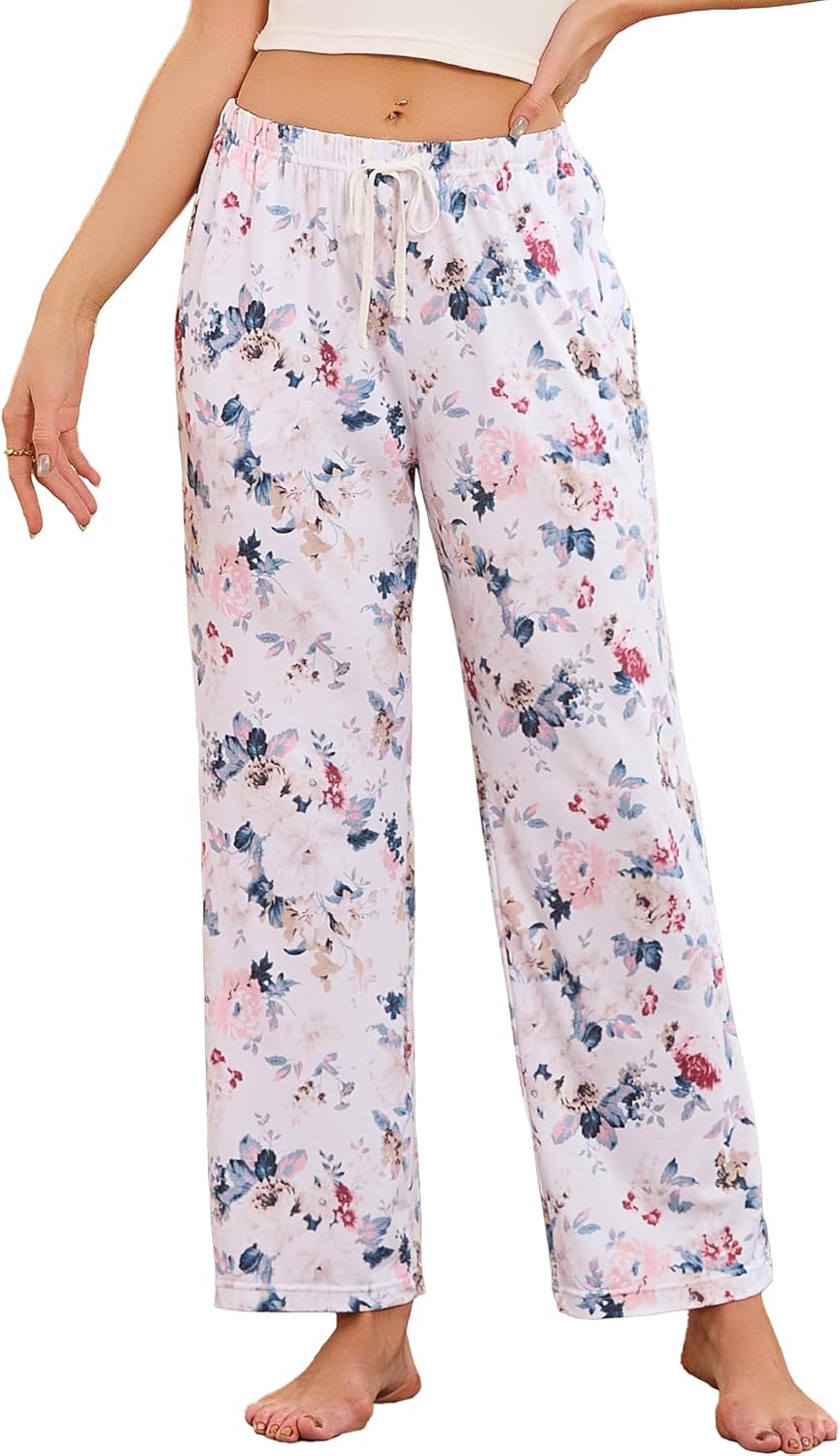 LYCY Women's Floral Print Pajama Pants, Soft Stretchy Pajamas Bottoms with Pockets for Lounging