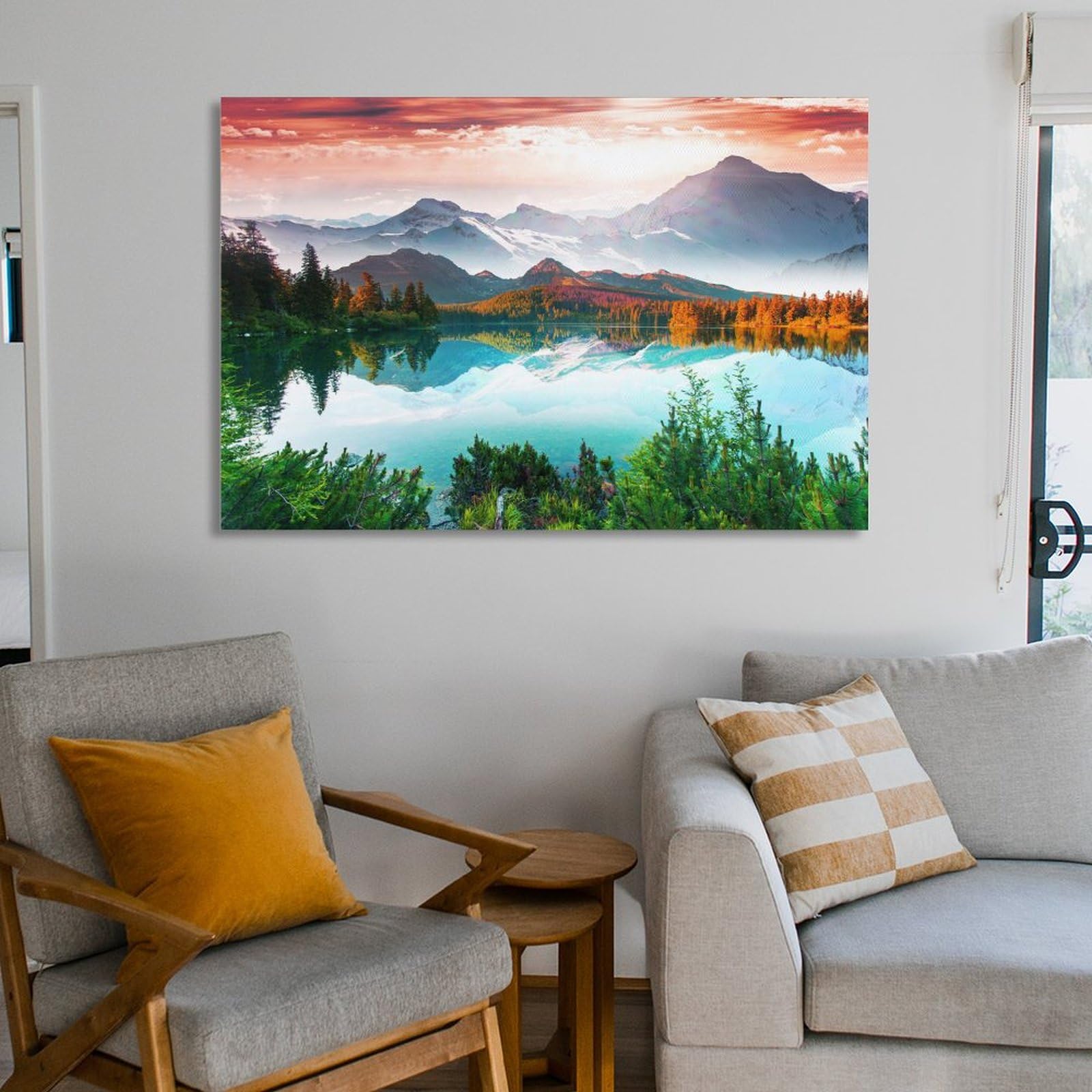 Amazon.co.jp: 雪山 森 湖 ポスター 絵画 自然風景 印刷絵画 写真 風景 