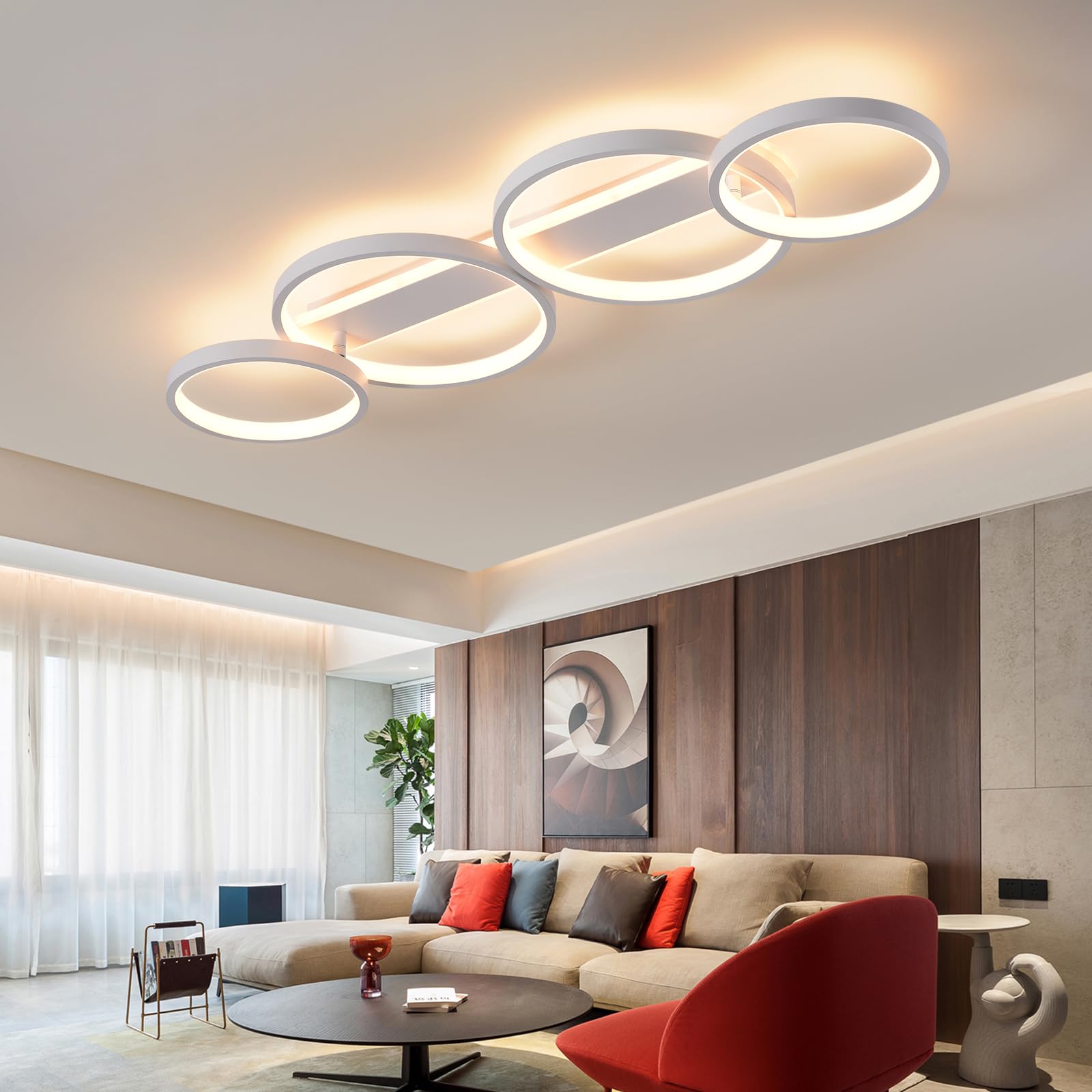 LED Deckenlampe,Dimmbar Deckenleuchte Mit Fernbedienung APP,Einstellbar Ringform Wohnzimmerlampe 4 Flammig Kronleuchter Lampe,48W 3000-6500K deckenbeleuchtung für Schlafzimmer Wohnzimmer,Weiß 86cm