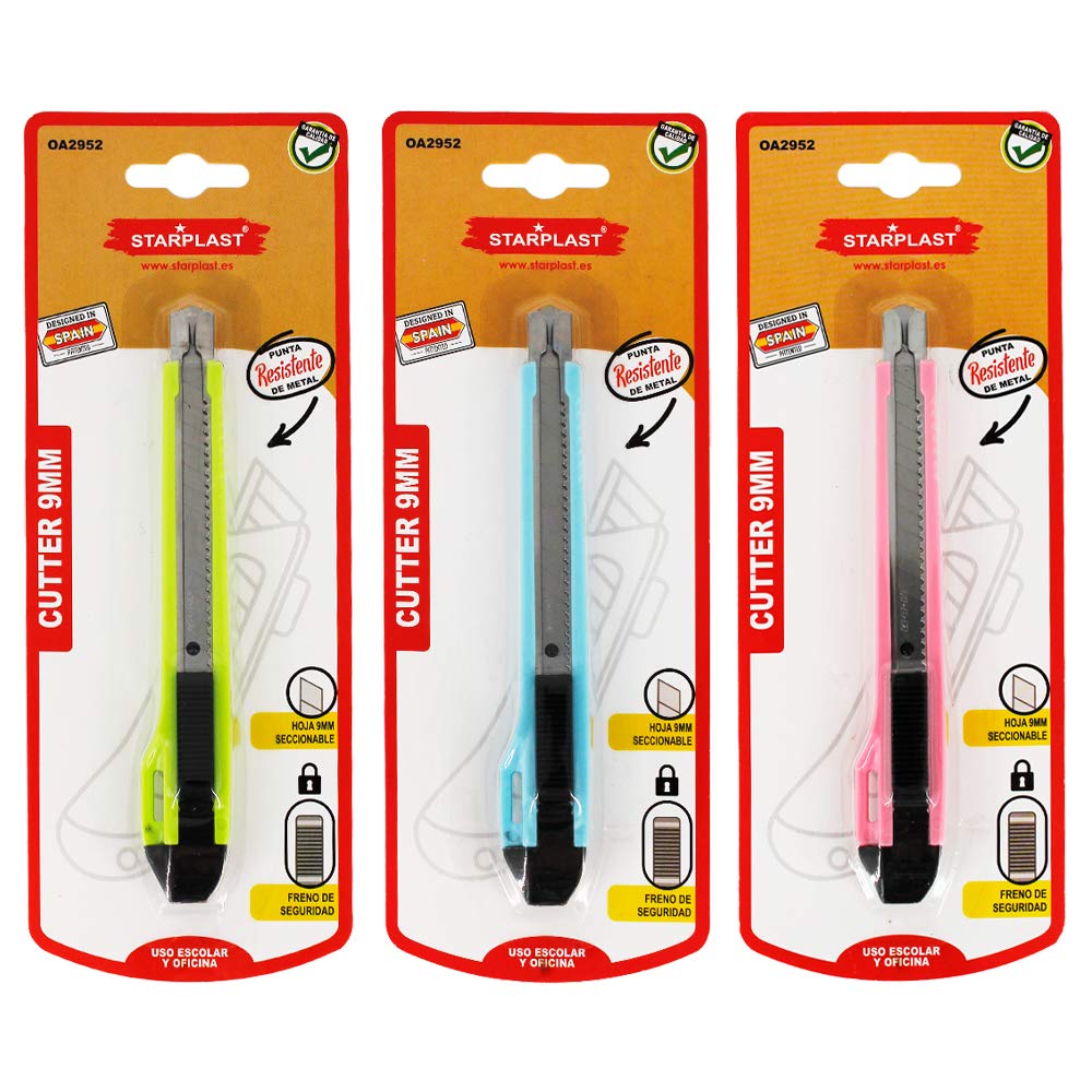 Startplast, Pack 3 Cutter Con Punta Resistente de Metal, Freno de Seguridad, Hoja Seleccionable, Para Uso Escolar y Oficina.
