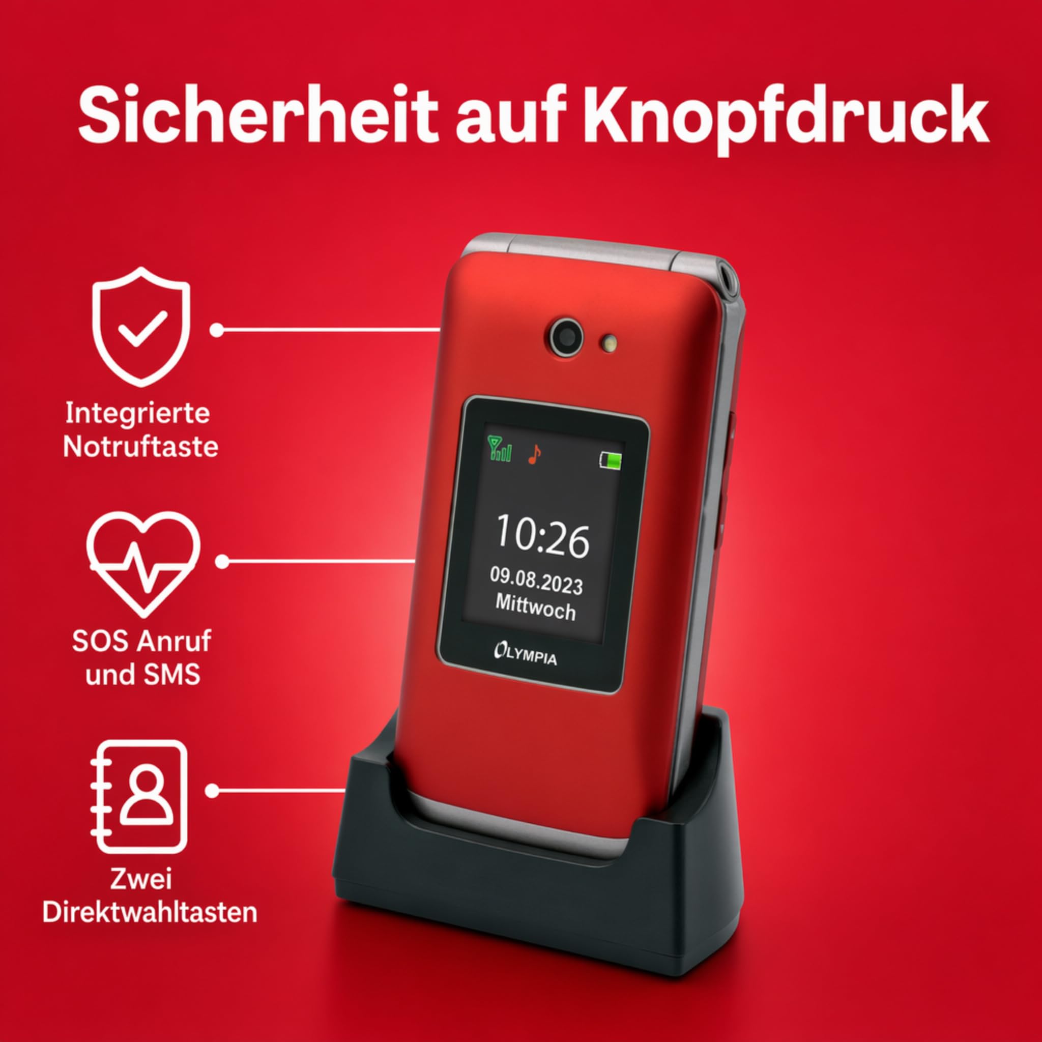 Olympia Vitus 4G Seniorenhandy | Klappbar mit Großtasten | Hörgerätekompatibel | Handy für Senioren | Notruftaste & SOS-Funktion | Farbdisplay | Kamera | Taschenlampe | Langlebiger Akku | Rot