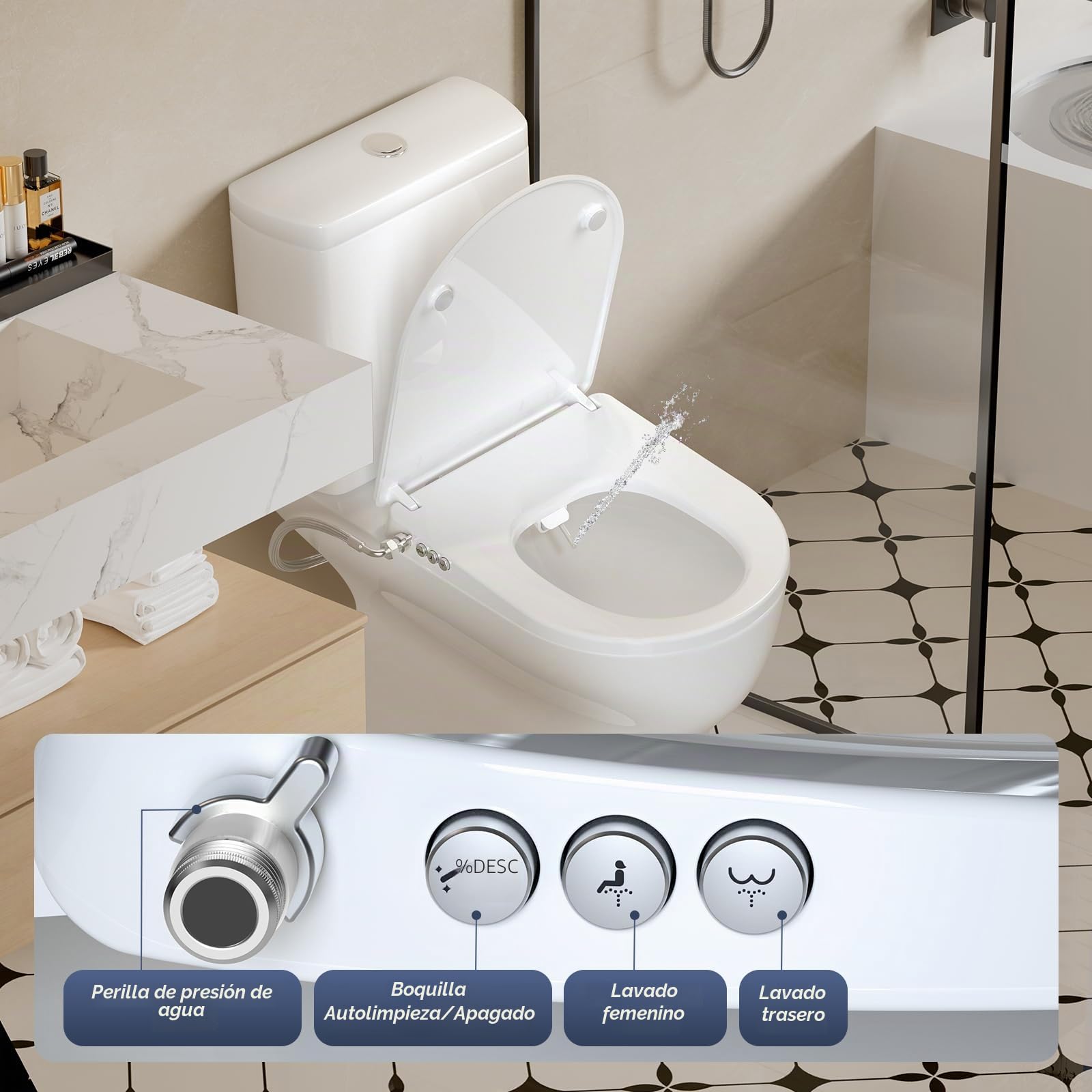 SAMODRA Asiento de inodoro bidet con cierre suave, lavado de caderas y femenino, auto-limpieza, forma D