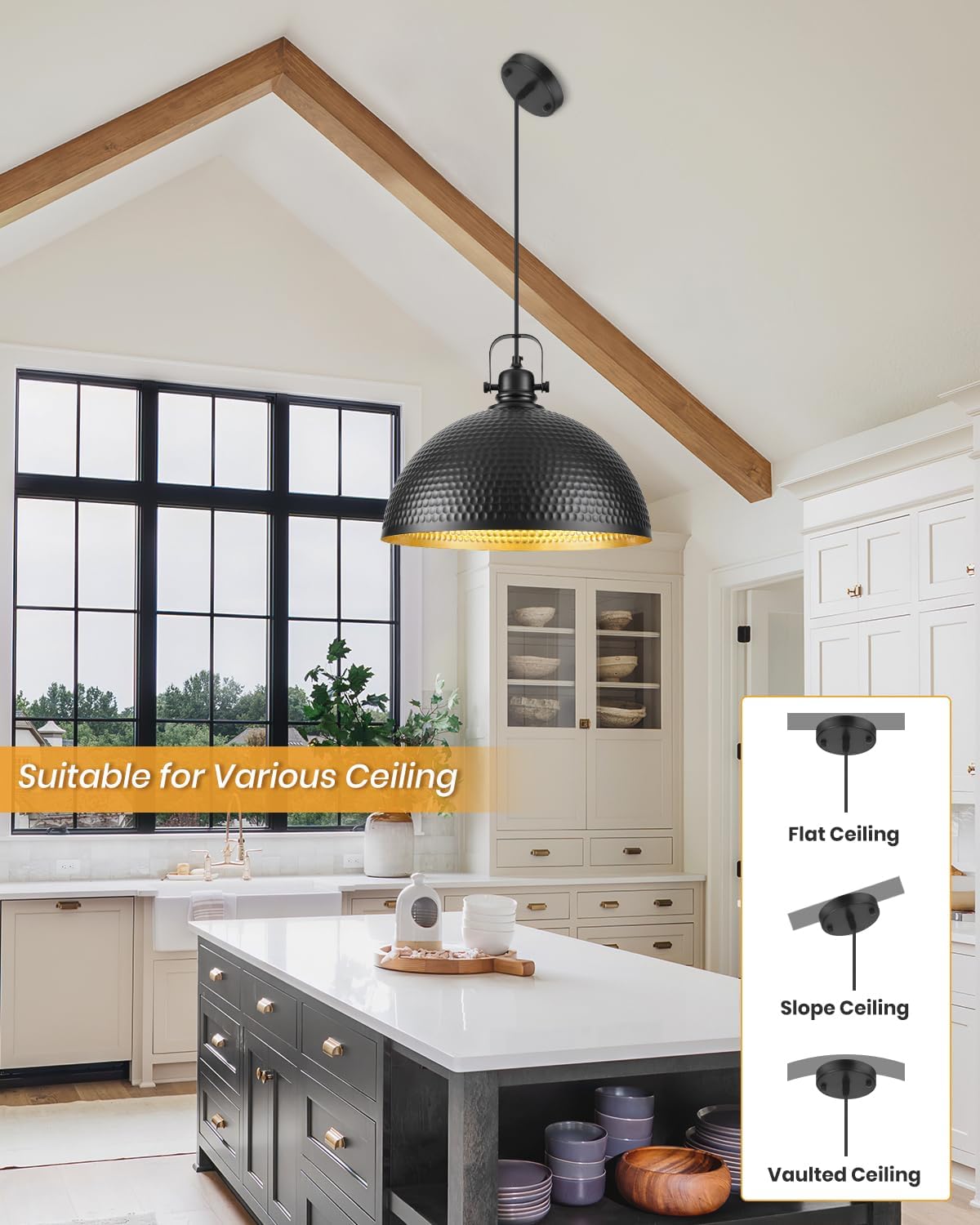 16 Inch Black and Gold Pendant Light Fixtures, Large Hammered Pendant Lights Kitchen Island, Vintage Dome Pendant Light for Kitchen, Dining Room, Bedroom,Bar