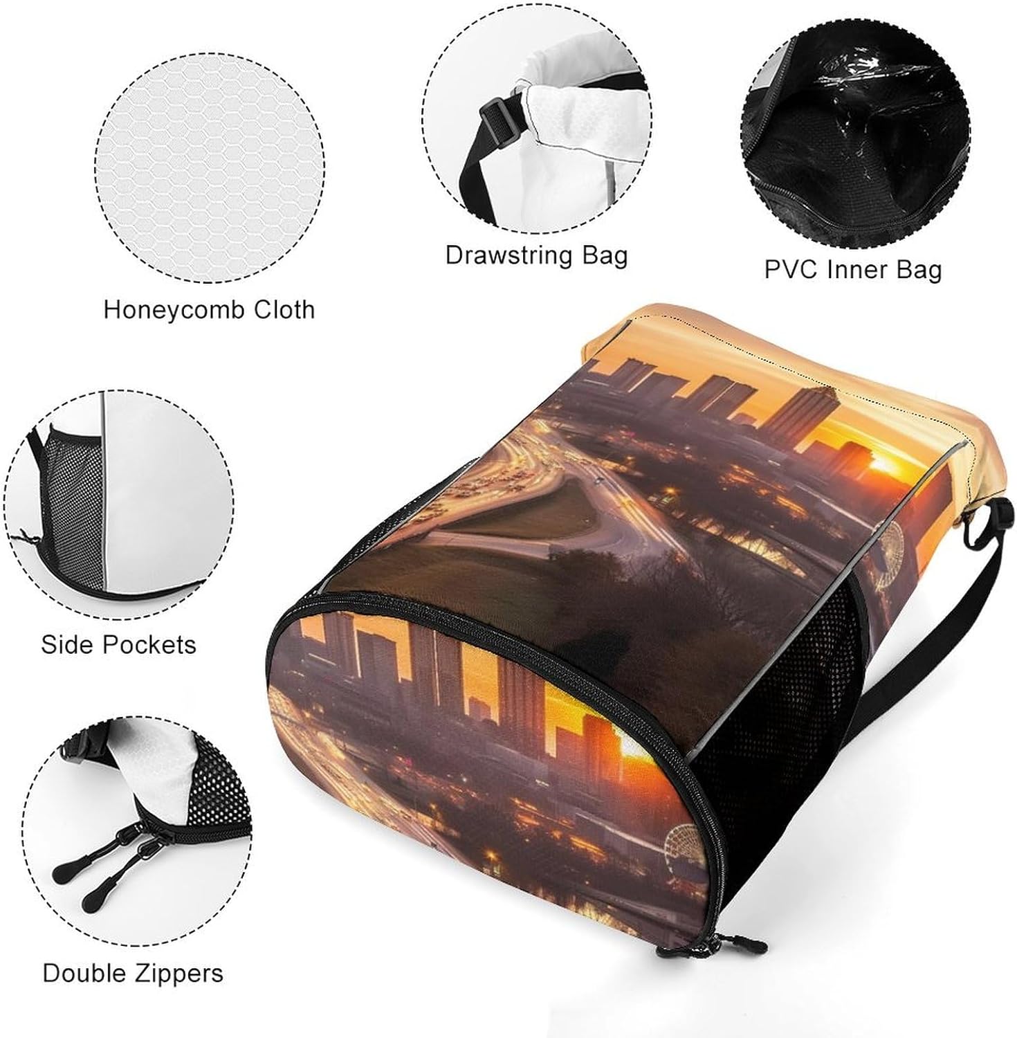 Small Gym Bag Atlanta City Sunset Landscape Printed Drawstring Gym Bag for Men Lightweight Waterproof Drawstring Backpack for Women with Shoe Compartment for Travel Tourism Work And Fitness