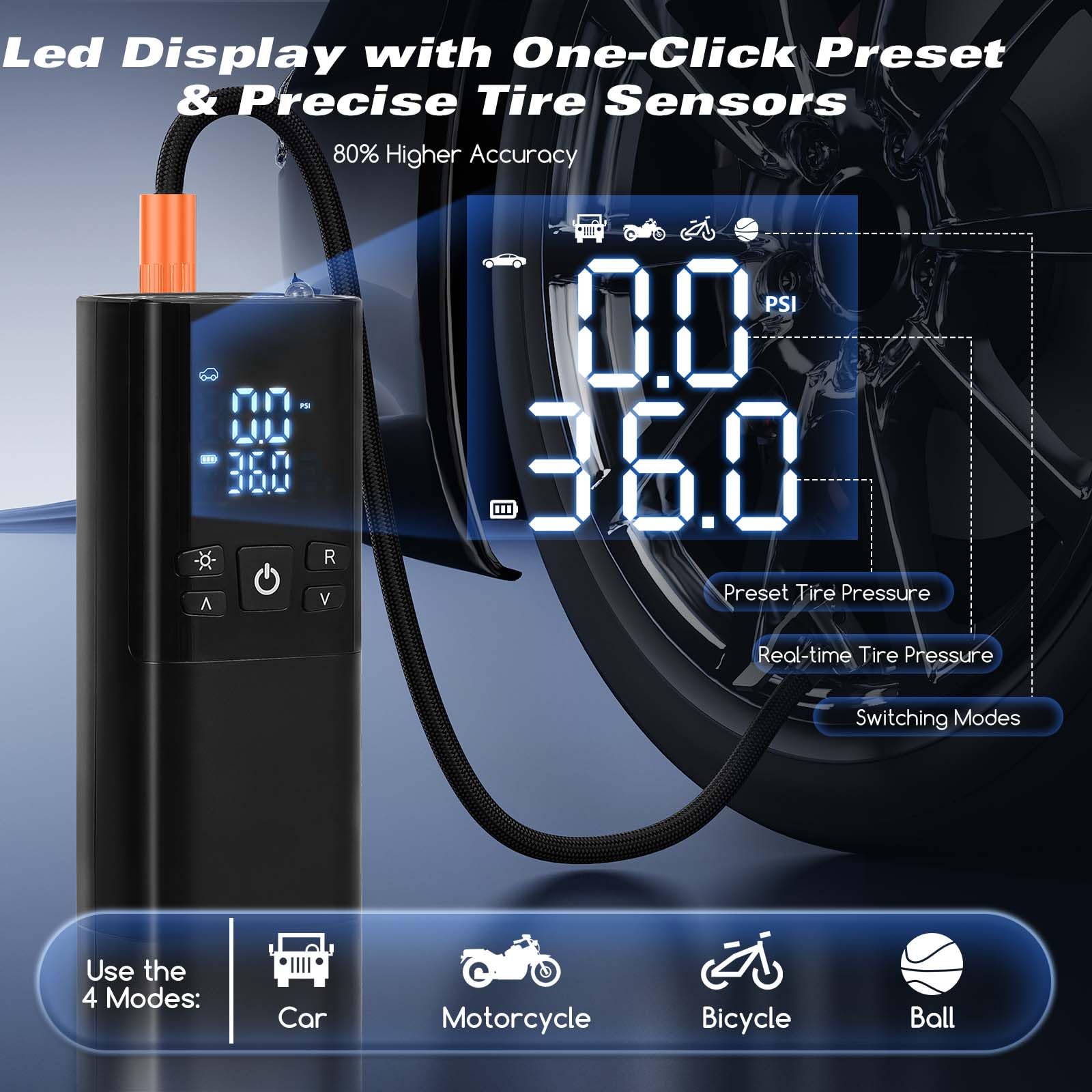 Compresor de aire portátil para neumáticos de coche, inflador de neumáticos inalámbrico de 150 PSI con apagado automático y luz LED, bomba de aire recargable de 10000 mAh para bicicleta, motocicleta