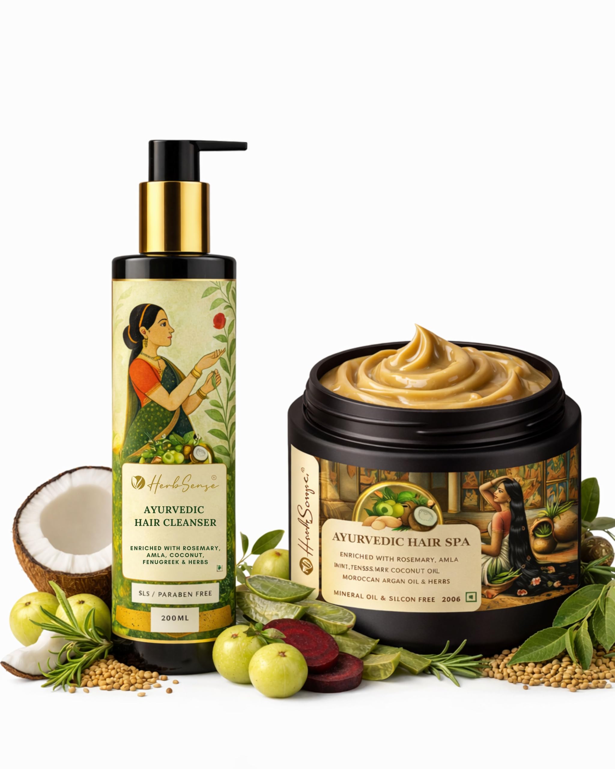 Herbsense Ayurvedic Hair Care Combo - Hair Cleanser & Hair Spa Cream Mask for Men & Women, Enriched with Rosemary, Mint, Fenugreek, Amla, Coconut Oil & Herbs, SLS,Paraben ,Mineral Oil & Silicon Free, 200ml x 2-image-14