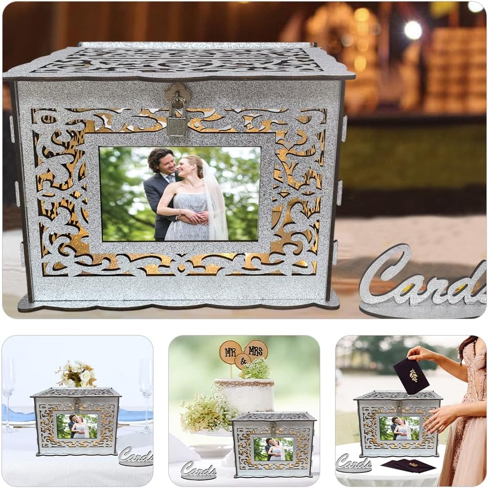 LUOZZY Wedding Card Box with Lock and Card Sign, Rustic Wedding Card Box With Hollow Design Wooden Card Box Anniversary Card Box Greeting Card Box, Sliver