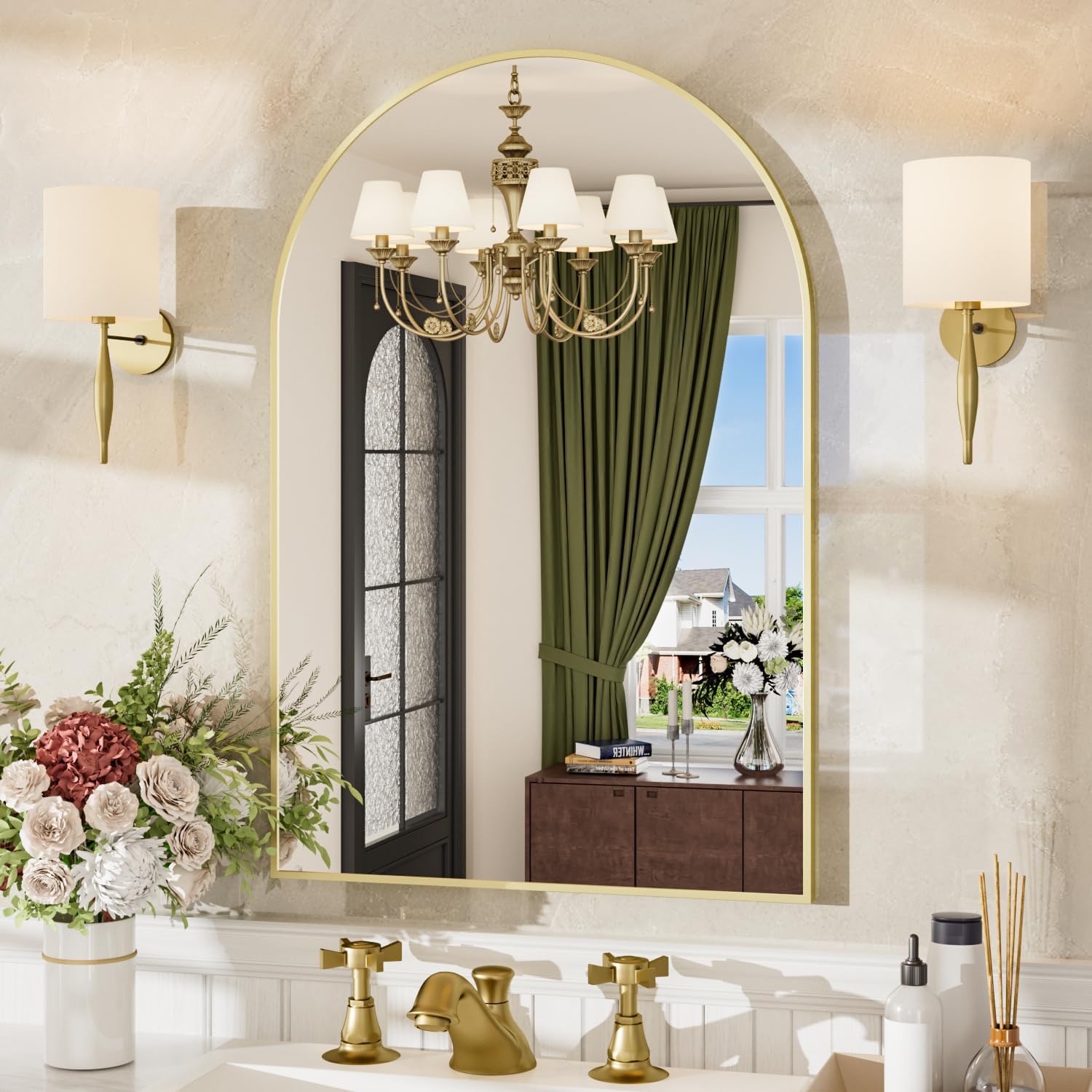 24×36 Inch Arched Bathroom Mirror, Wall Mounted Arch Vanity Mirror for Over Sink, Tempered Glass, Brushed Gold Aluminum Frame, for Bathroom Bedroom Entryway Living Room