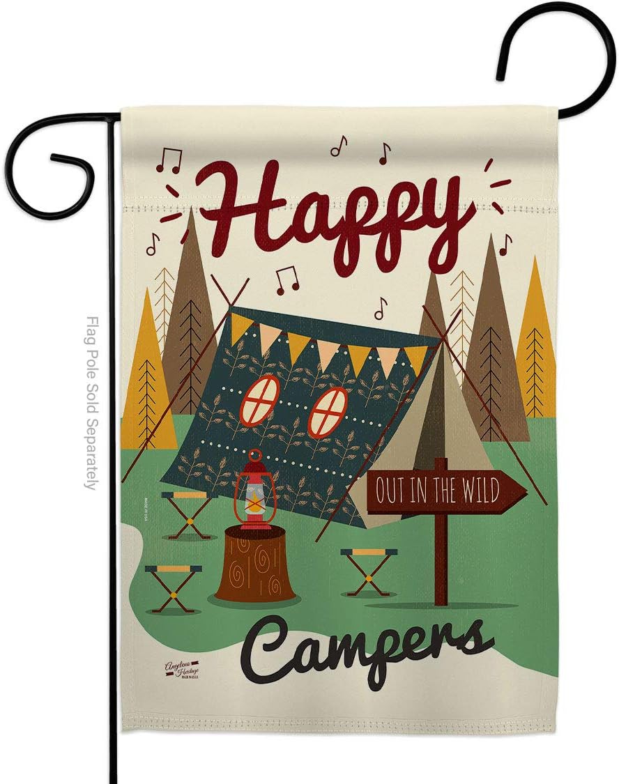 Happy Campers Garden Flag Set Wall Holder Outdoor Camping Rustic Camper RV Trailer Adventure Camp Site Campfire Small Decorative Gift Yard House Banner Made In USA 13 X 18.5