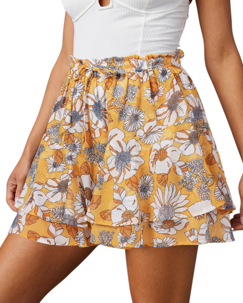 Aoudery Flowy Shorts for Women Casual Boho Floral Skorts Ruffle Mini Skirts Running Tennis Butterfly Chiffon Shorts