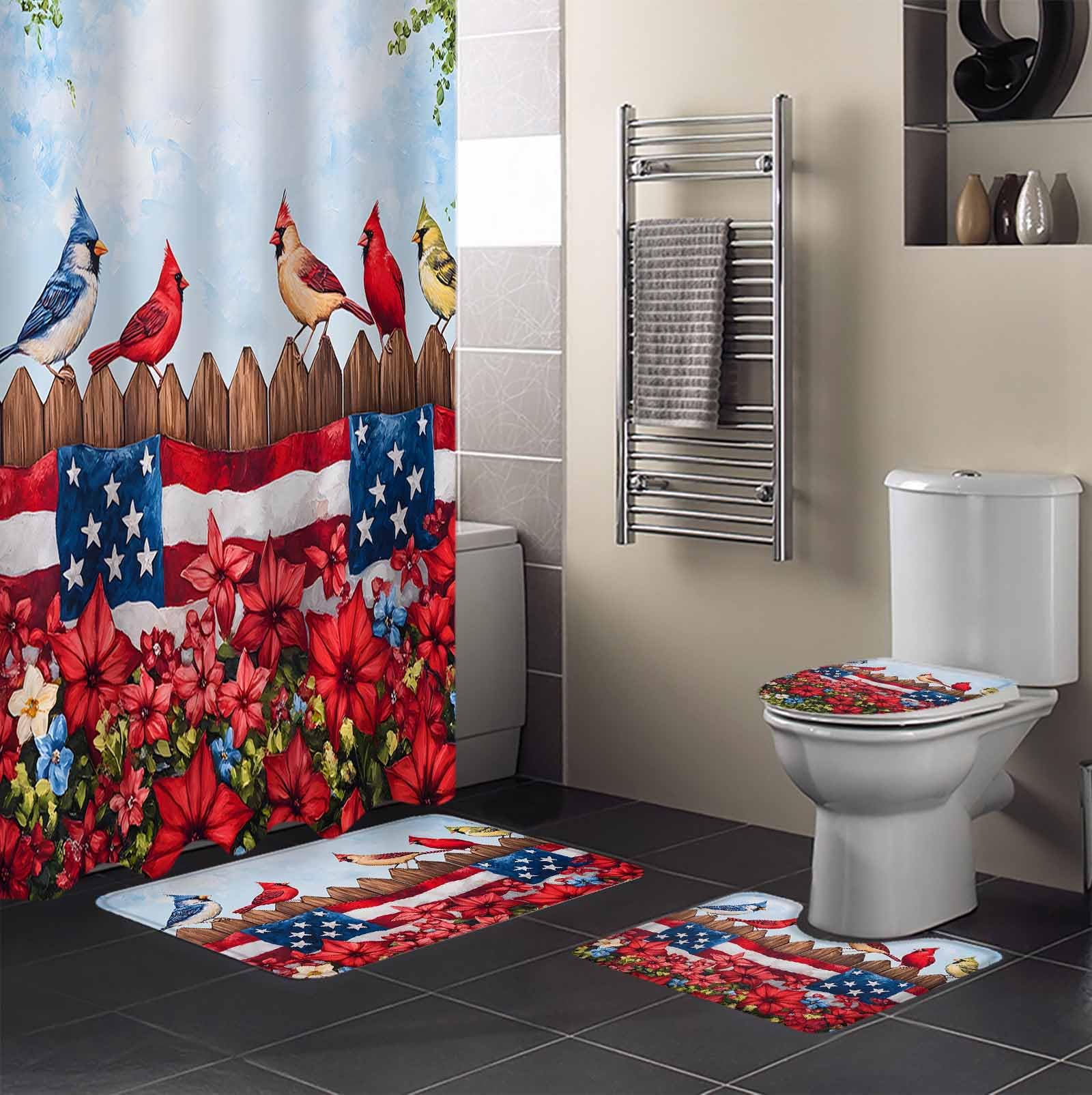 4th of July Bathroom Set with Shower Curtain and Rug Accessories - 36x72 Inches Long Star Stripe Vintage Red Blue Patriotic Flower Stall Curtain Waterproof with Large Bath Mat,Washable Runner Rug Set
