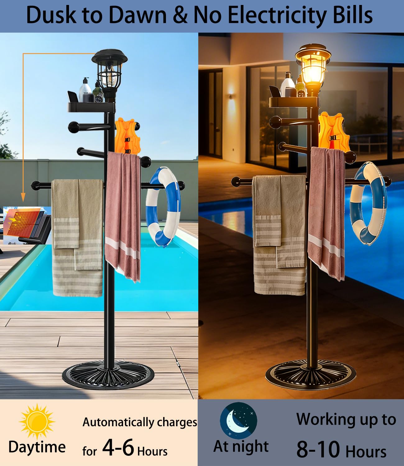 Porte-serviettes de piscine extérieur 5 avec lampe solaire