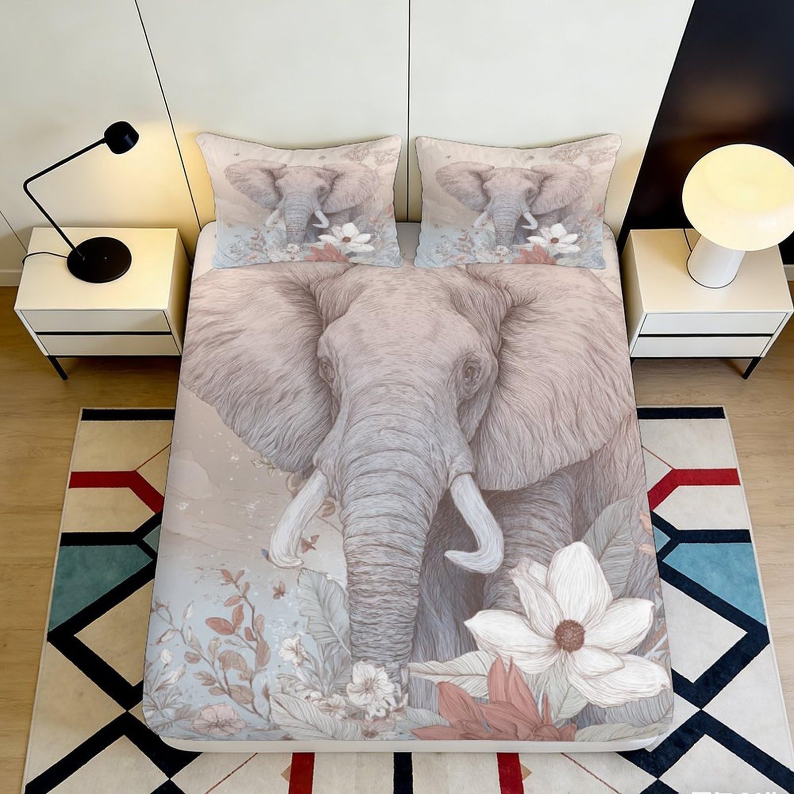 Tjiqhvmrn Style-2 3D Printed Elephant Floral Fitted Sheet Microfiber Deep Pocket Bedroom Bedding Set Non-Slip Mattress Fitted Cover For Adults Washable 90X200x25cm