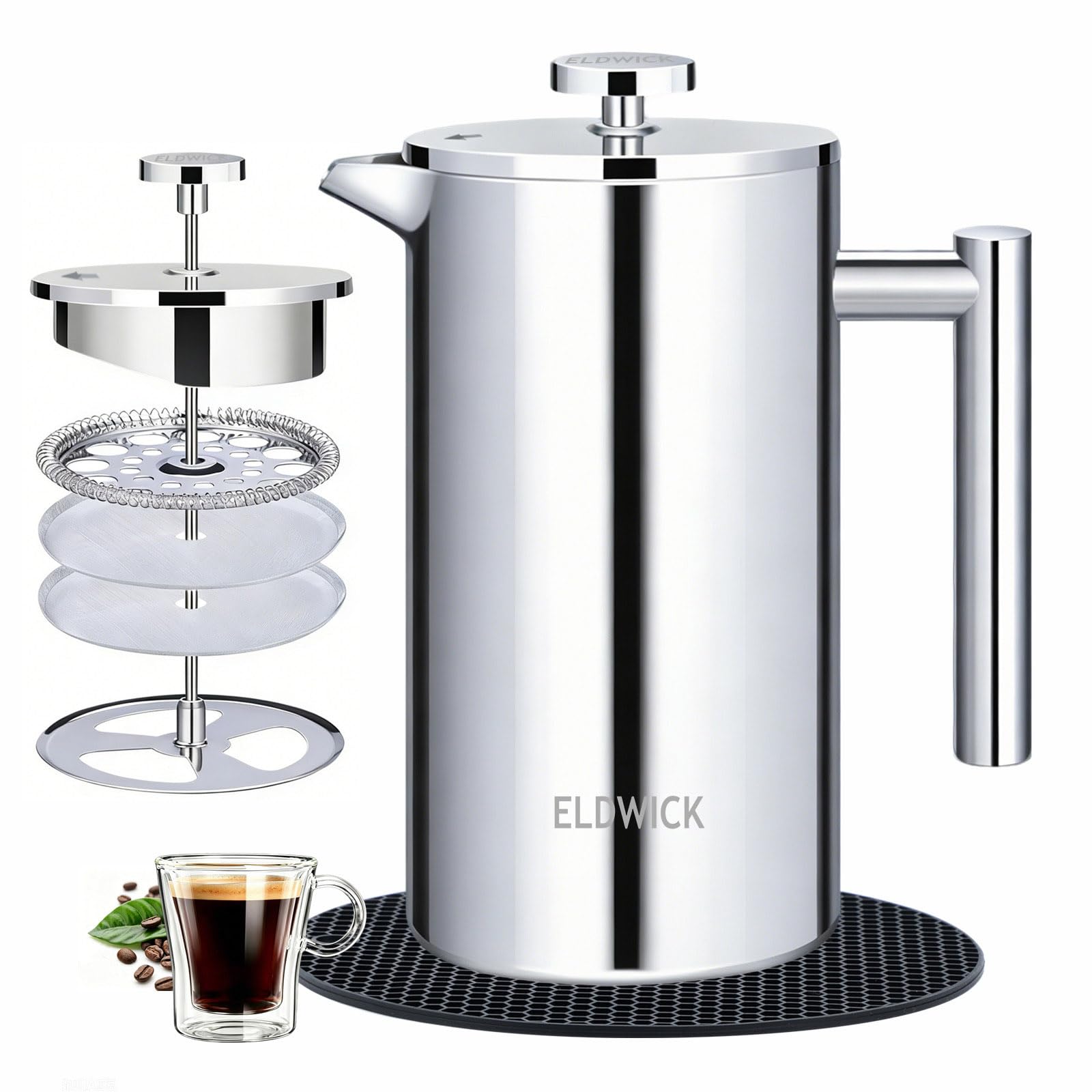 ELDWICK Cafetiere 4 Cup, 800ml French Press Coffee Maker, 304 Stainless Steel Double Wall Insulated Coffee Press with 4 Layer Filter and Heat Resistant Silicone Mat for Home, Office and Travel,Silver