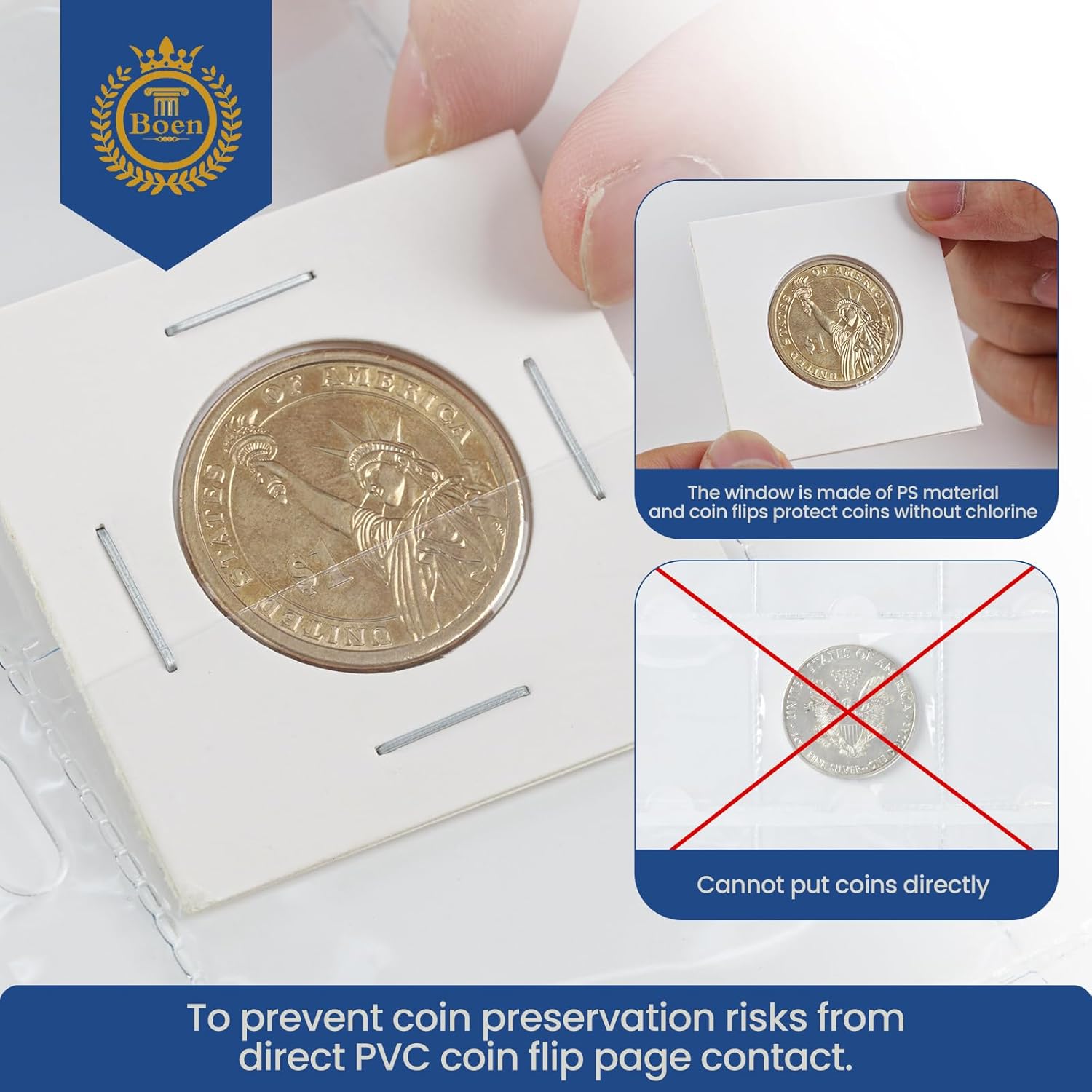 Boen Coin Binder Sheets, 10 Sheets 200 Pockets, Fit 2" x 2" Cardboard Holders & Coin Flips, Compatible with 3-Ring (Letter Size) & 4-Ring (A4) Coin Collection Binders, Coin Collecting Supplies