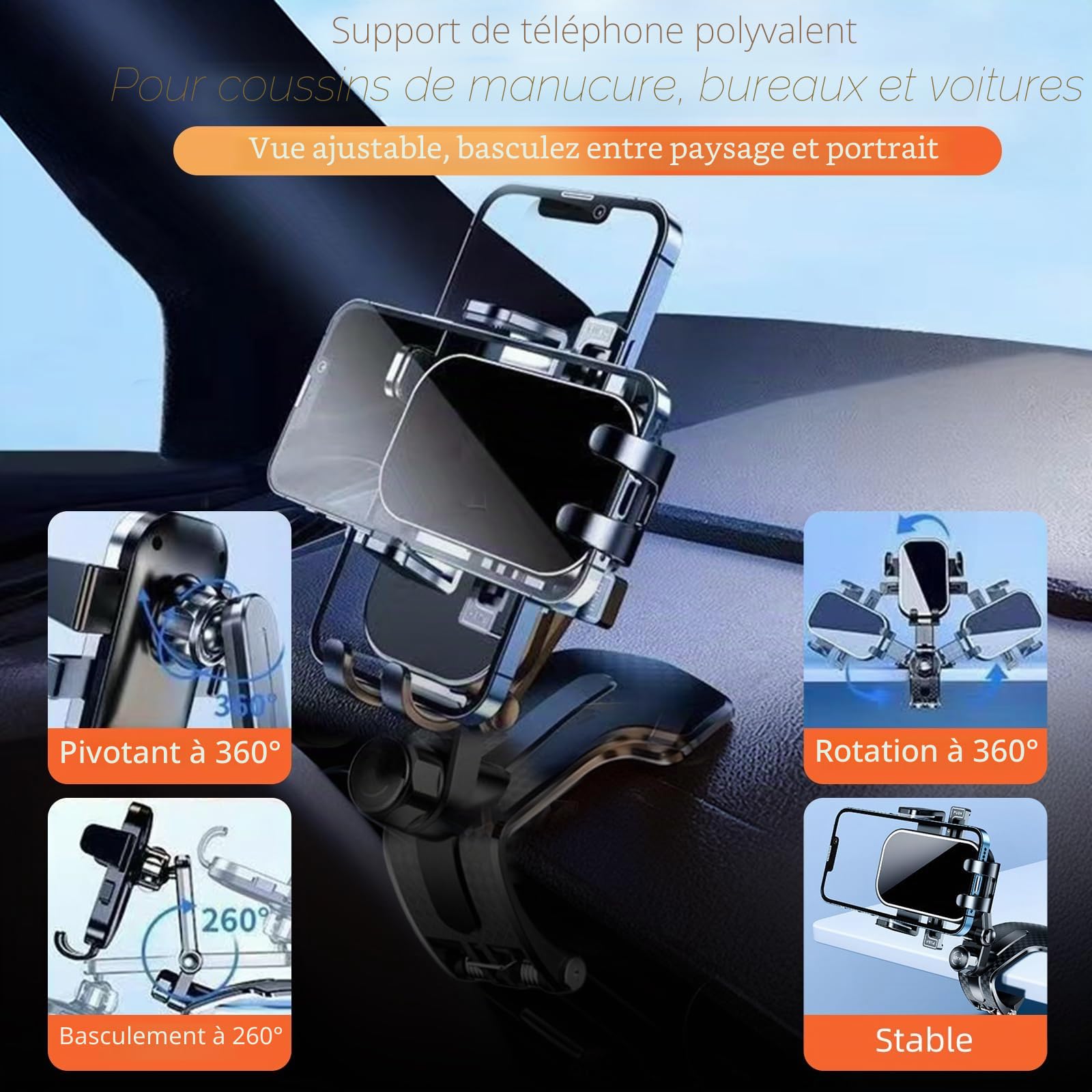 Accoudoir à ongles avec support de téléphone : pliable/réglable/rotatif à 360 ° - Accoudoir en U pour ongles avec repose-pieds incurvé doré - Angle d'inclinaison de 45° - Repose-main pour manucure