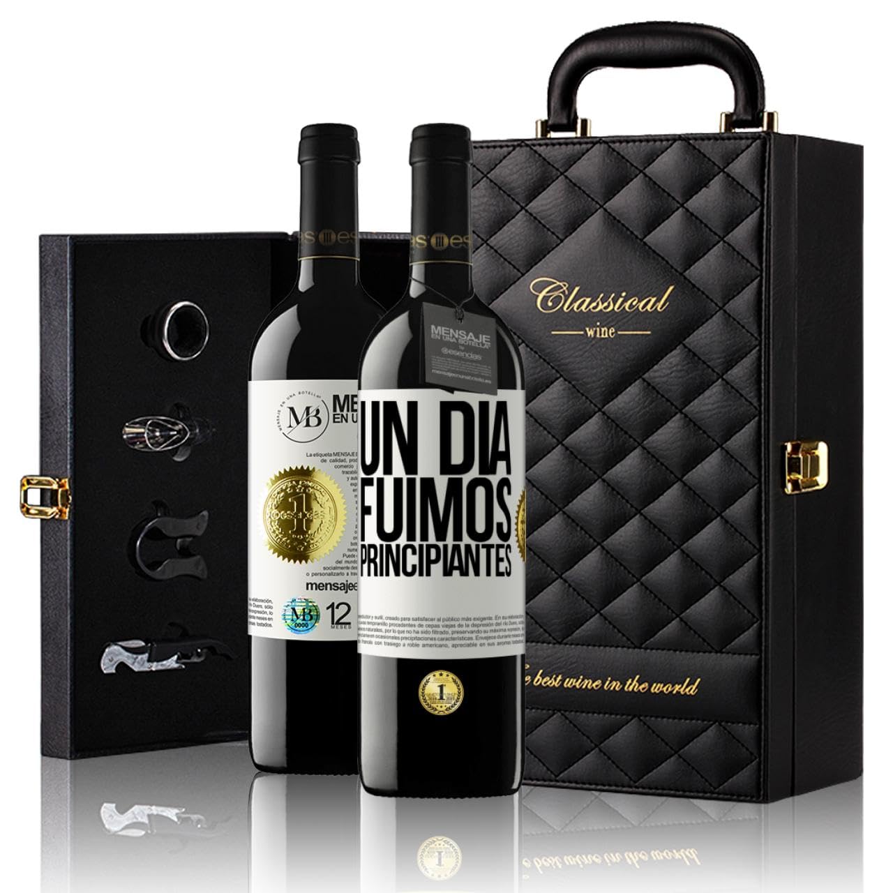 «Un día fuimos principiantes» Mensaje en una Botella. Estuche-Maletín de LUJO 2x Vino Tinto Premium Reserva 12 Meses y Set de 4 Accesorios. Etiqueta Blanca PERSONALIZABLE