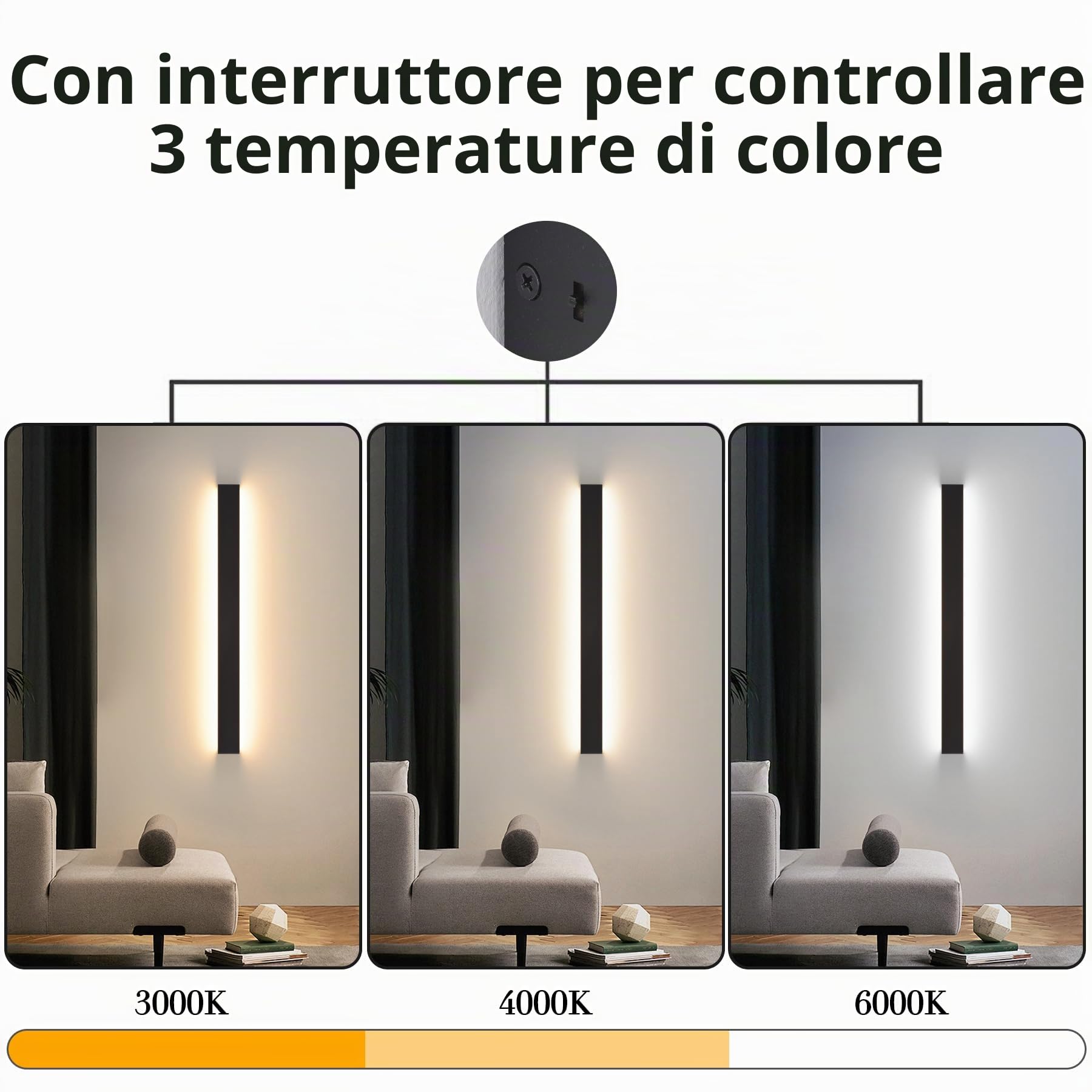 KUKAK Applique da Parete Interno,30W LED 3000K/4000K/6000K Lampada da Parete,Moderno Up Down Lampade Muro, Plafoniera da Parete Alluminio per Bagno Soggiorno Camera da Letto Scale Corridoio 96CM Nero