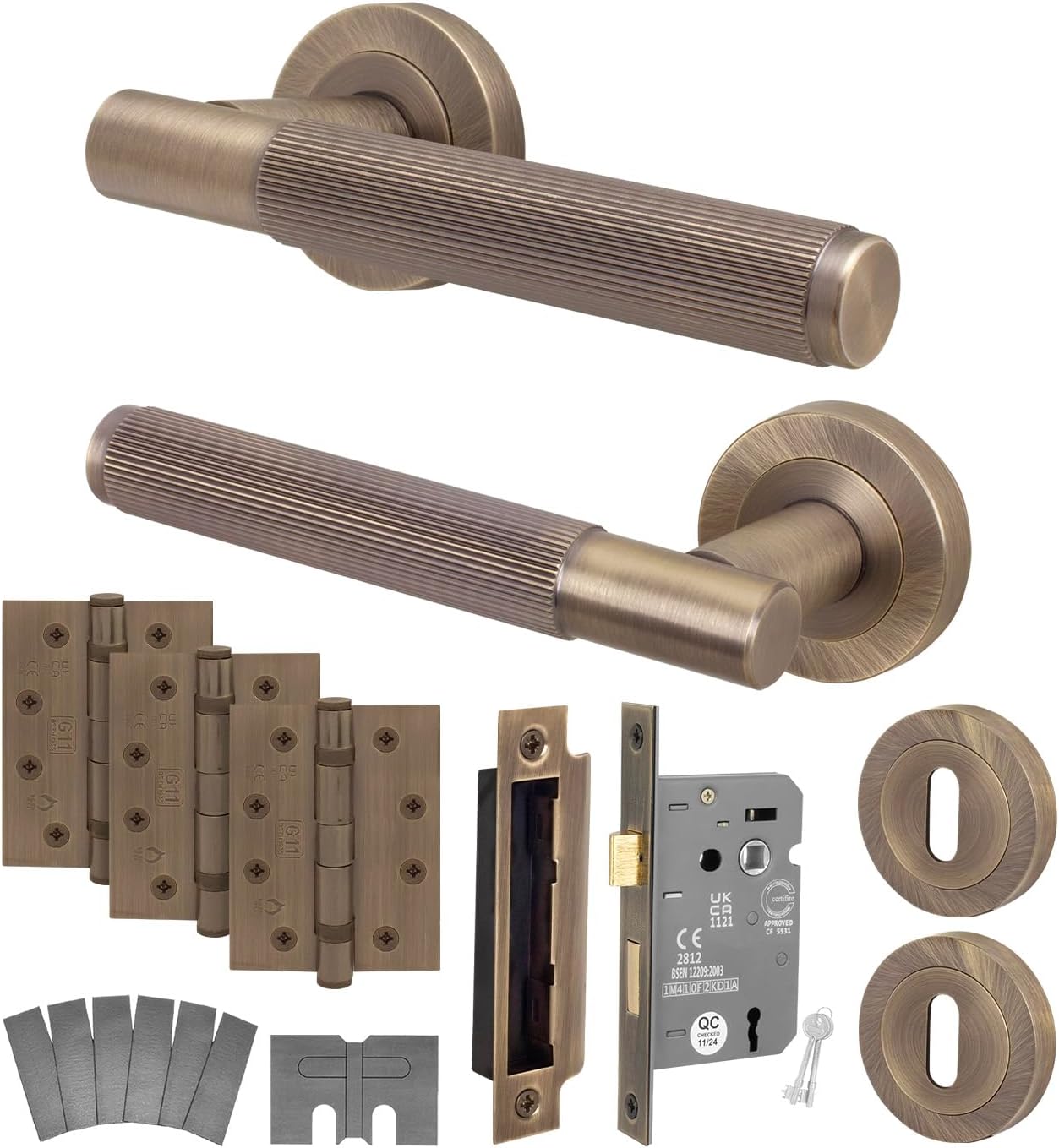 EAI Antique Brass Fire Door Handle Key Lock Set, Internal Fire Rated Door Handle with 80mm Lock and 102mm Hinges, Oruro Range 1 Pack