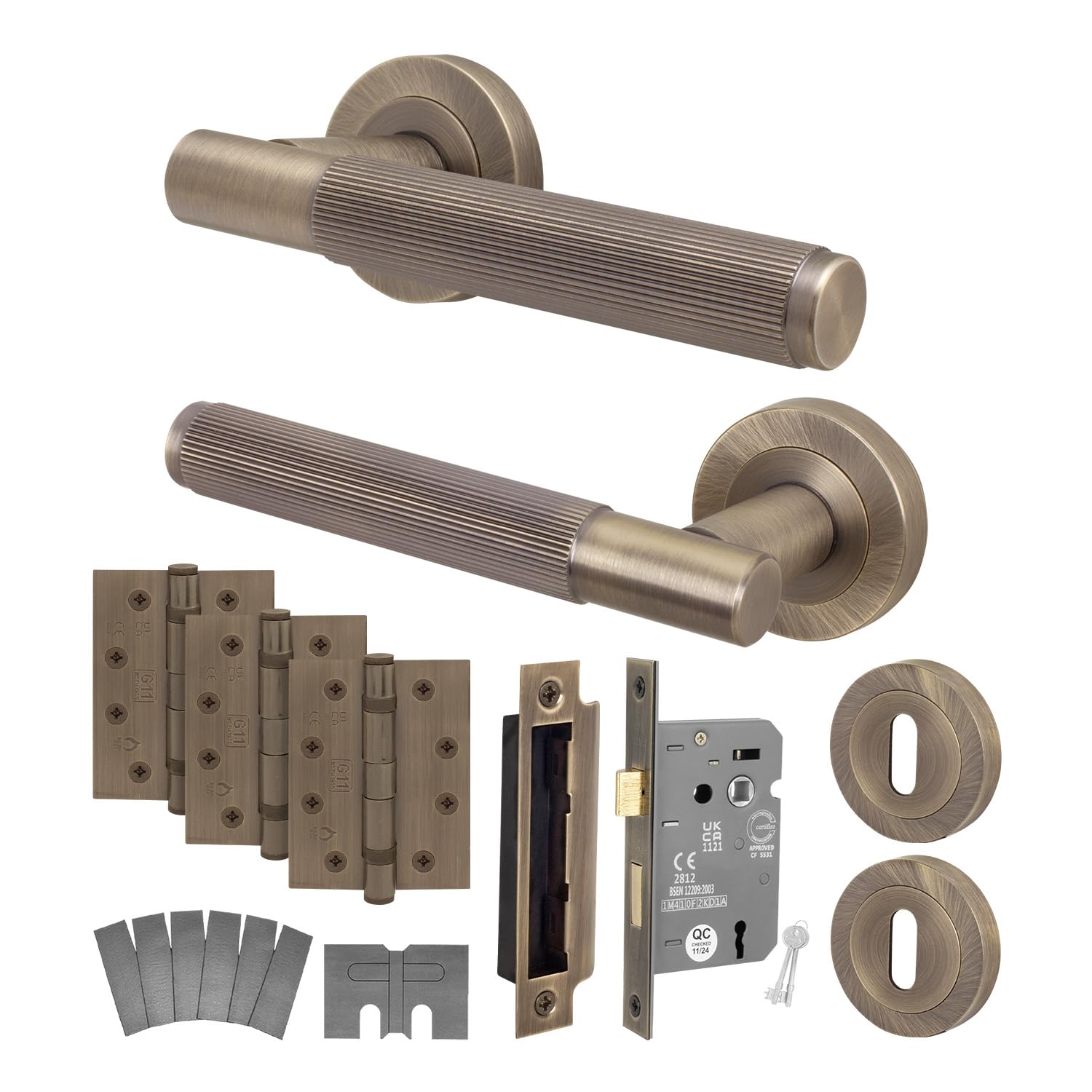 Eai Antique Brass Fire Door Handle Key Lock Set, Internal Fire Rated Door Handle With 80Mm Lock And 102Mm Hinges, Oruro Range 1 Pack