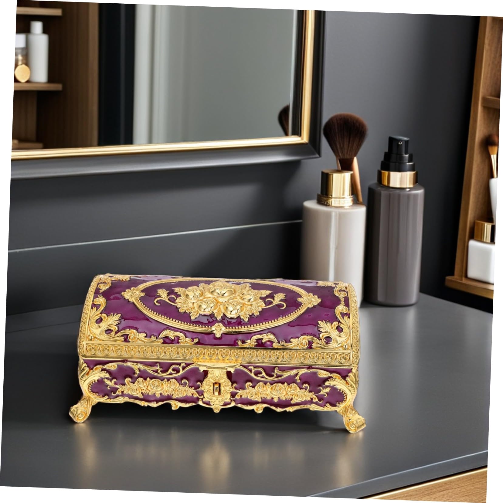 SOLUSTRE Schmuckkästchen mit Kompakter und Vielseitiger Aufbewahrung aus Legierung für Damen Vintage Elegante Violette Schmuckbox für Armbänder und Ohrringe dem Schminktisch