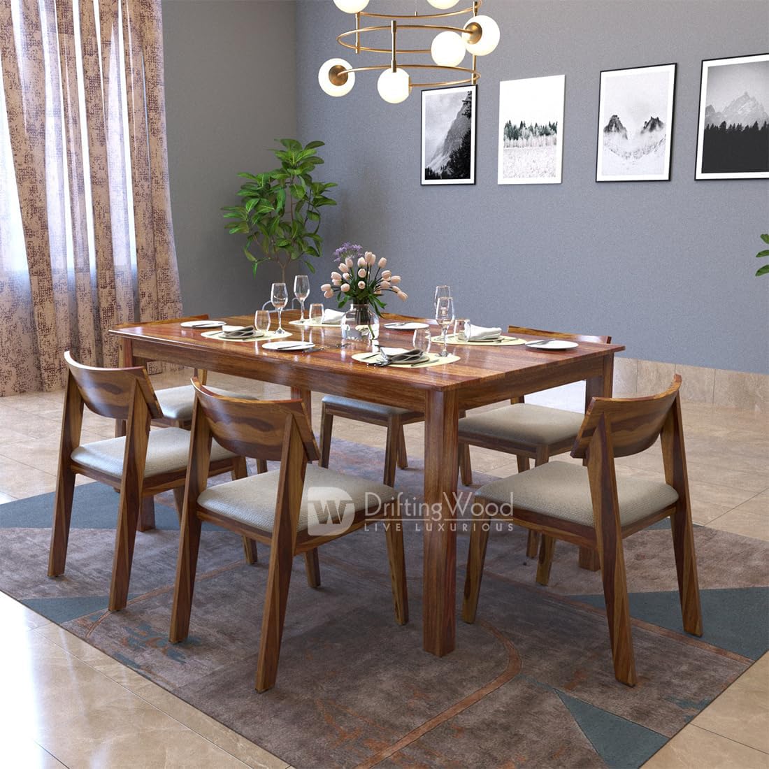 DRIFTINGWOOD Liana Solid Sheesham Wood Dining Table 6 Seater | Wooden Six Seater Dinning Table with Beige Cushion Chairs | Dinner Table 6 Seater | Dining Room Sets | Self Assembly, Honey Finish-image-41