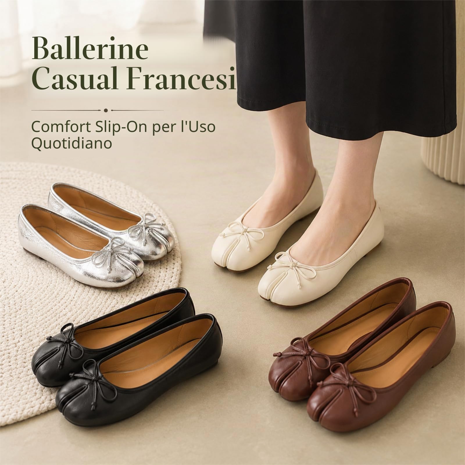 JCVBN - Scarpe basse da donna con punta divisa e fiocco, in morbida pelle, con fiocco sul davanti, basse, senza lacci, ballerine