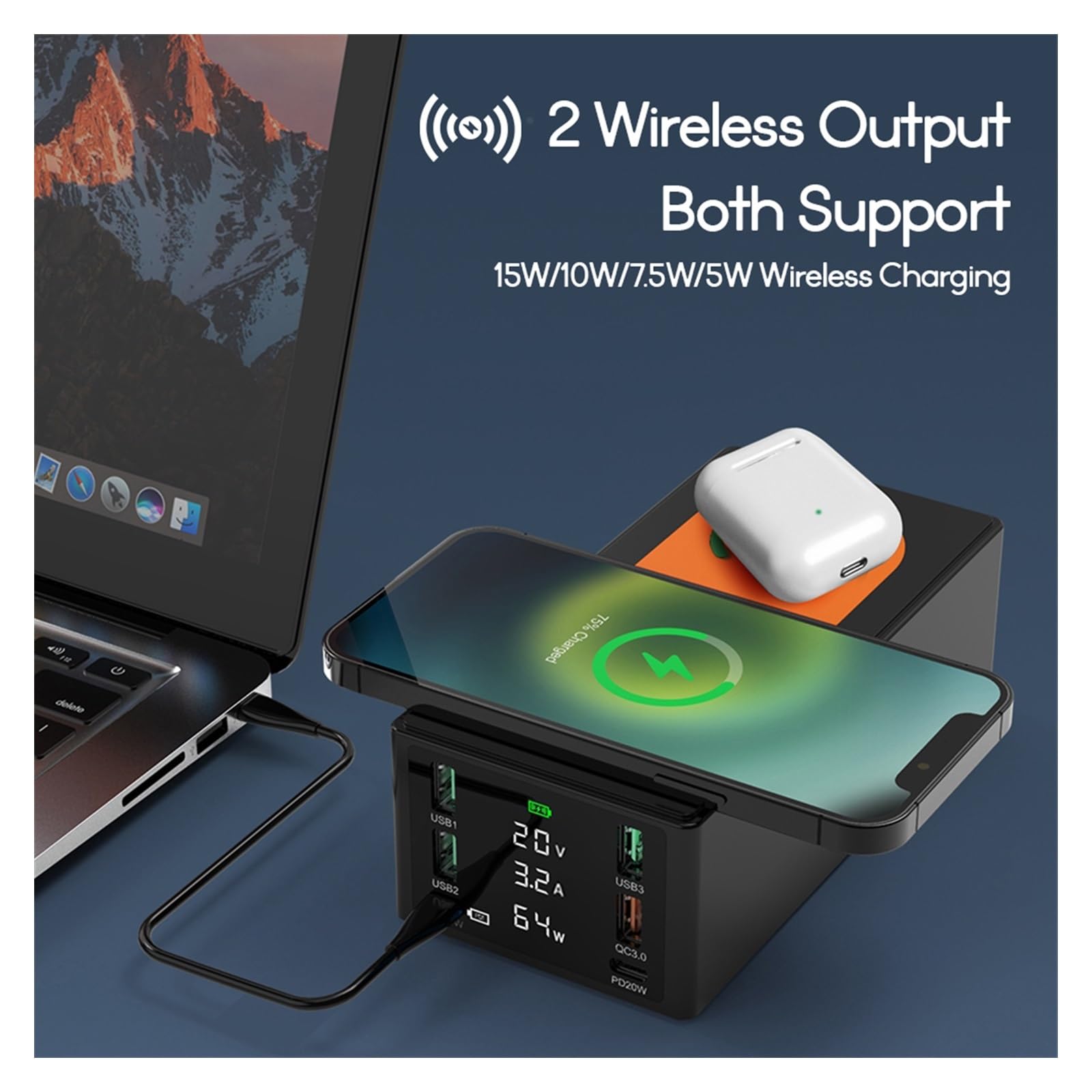Ładowarka USB, Stacja szybkiego ładowania USB typu C PD o mocy 150 W Bezprzewodowa ładowarka Qi Szybkie ładowanie 4.0 3.0 Ładowarka do telefonu USB, Szybki, wydajny i wszechstronny(Nero)