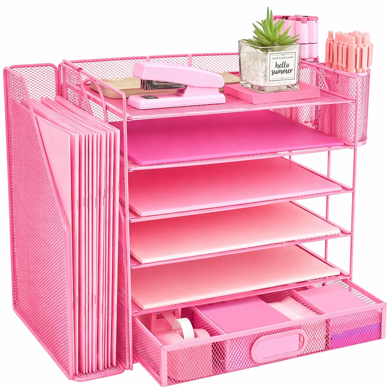 IOUGDSEC 6 Tier Desk File Organiser with Extra Vertical File Sorter, Paper Letter Tray with Top Stationery Drawer Holder, A4 Paper Desktop Filing Trays, Magazine Document Holder for Home Office, Pink