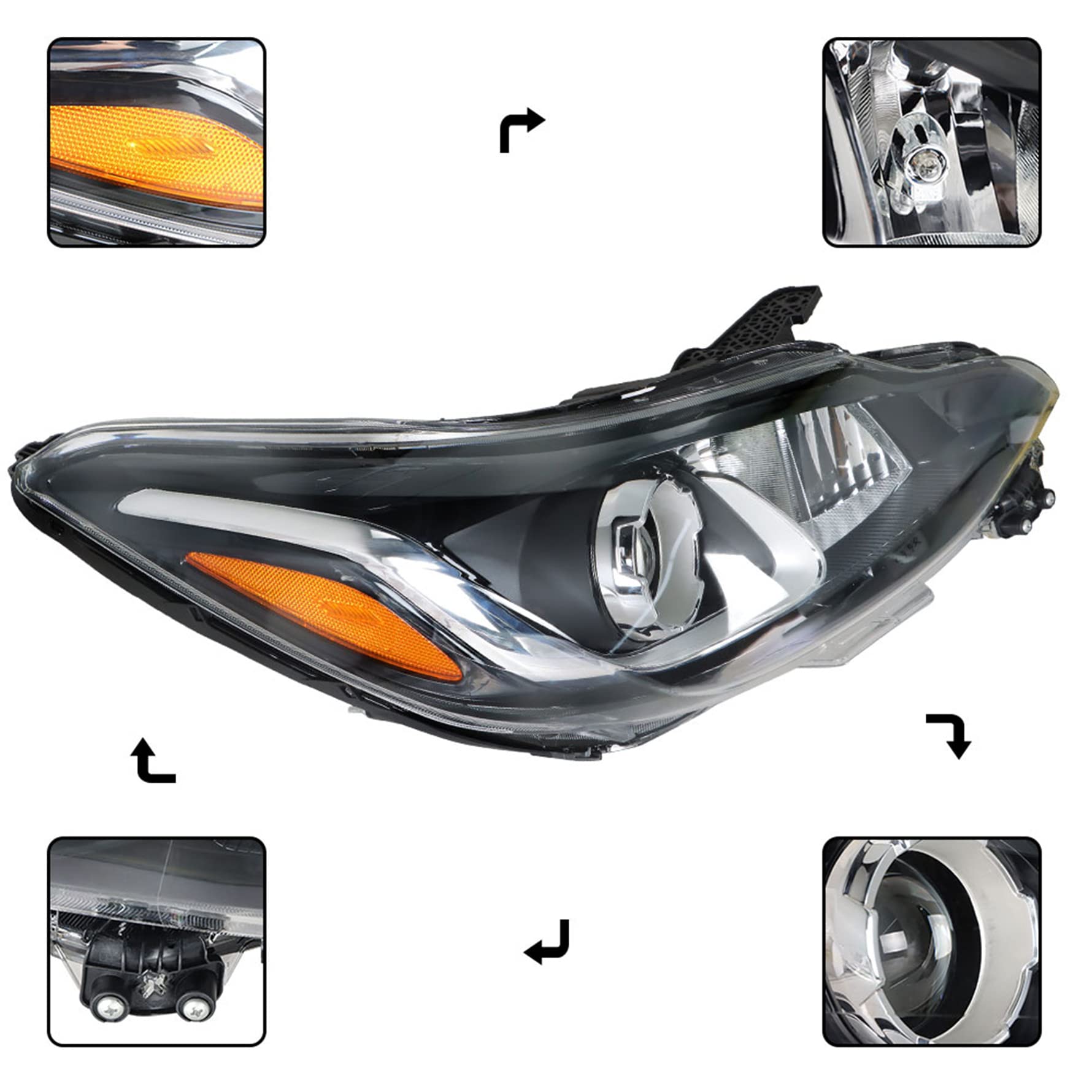munirater Headlight Assembly Projector Halogen Headlamp Black Housing