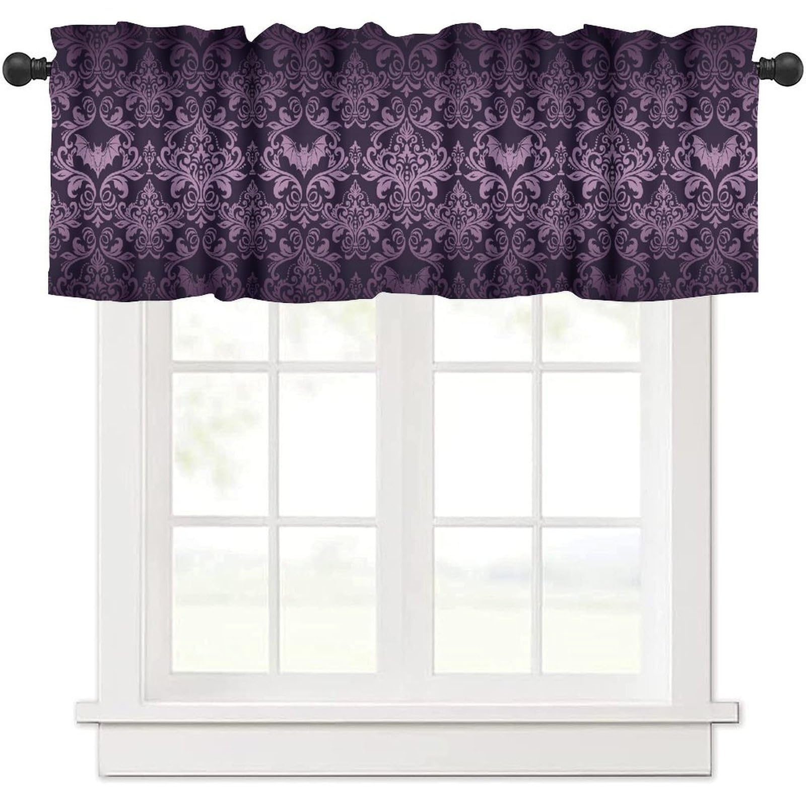 moderw Vintage Damask Gothic Window Valance Curtains Antique Floral Victorian Goth Window Treatments Bat Bats Skulls Bone Bohemian Valance Curtain for Bedroom Living Room Kitchen 54x18inch